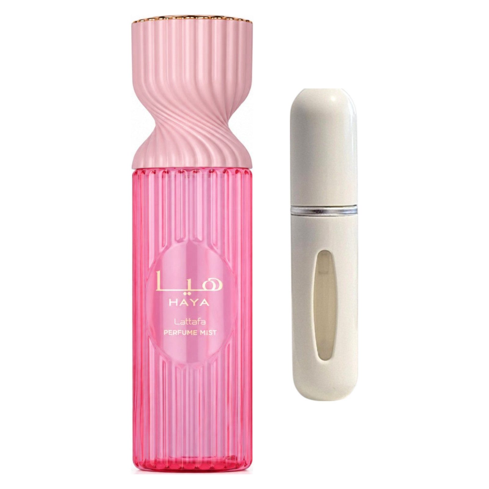 Lattafa Duft-Set Haya Perfume Mist – Fruchtig Blumig + Parfümzerstäuber (leer)
