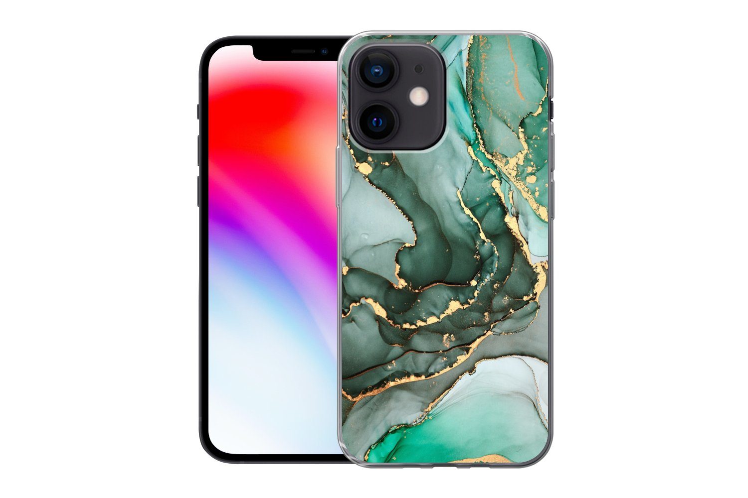 MuchoWow Handyhülle für Apple iPhone 12 Mini Gold - Marmor - Grün - Luxus - Marmoroptik -, Smartphone-Bumper, Print, Handy Schutzhülle Dünn
