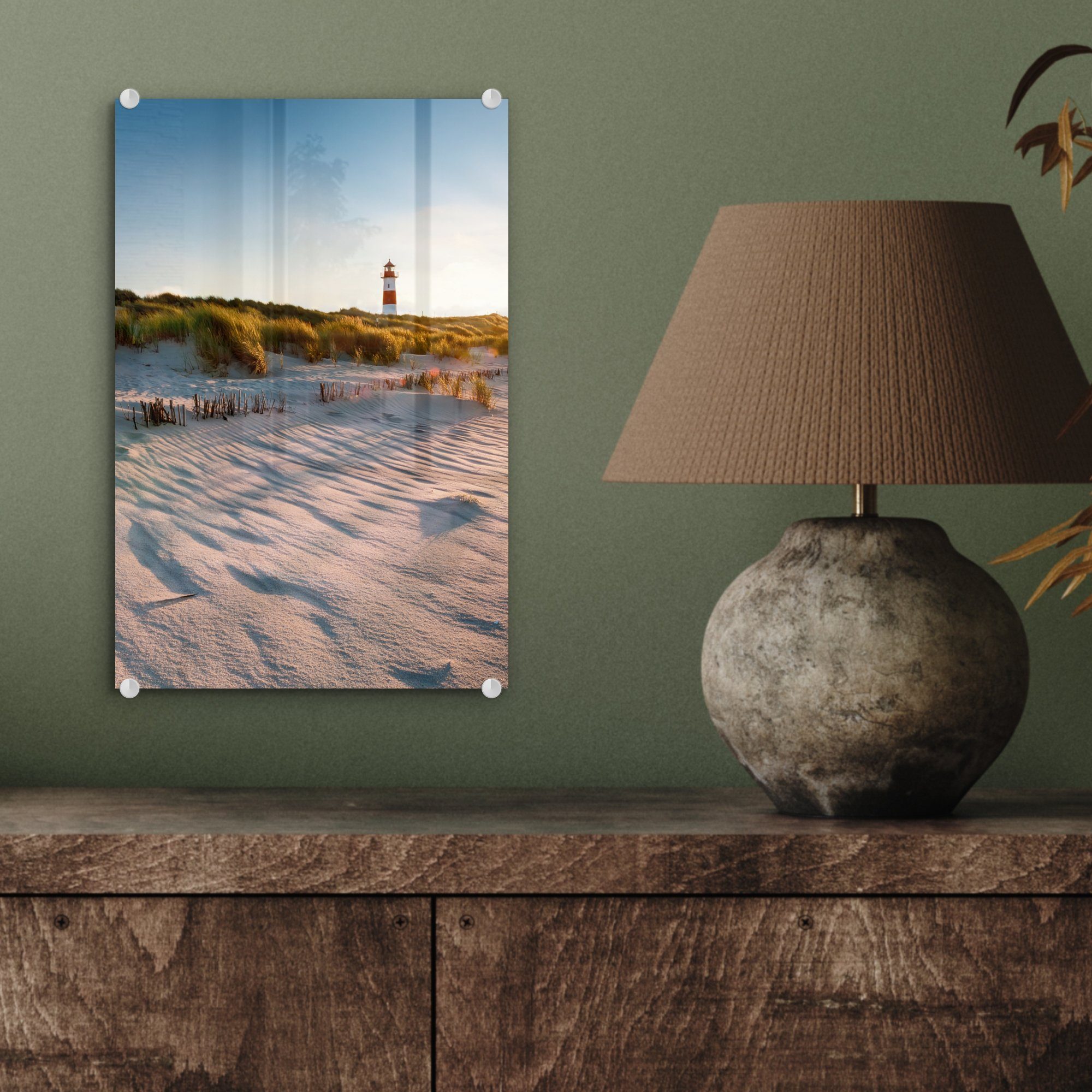 - Bilder Glas Strand Acrylglasbild Sonnenuntergang, auf Wandbild - MuchoWow (1 auf - Glas St), - Glasbilder Leuchtturm Foto Wanddekoration -