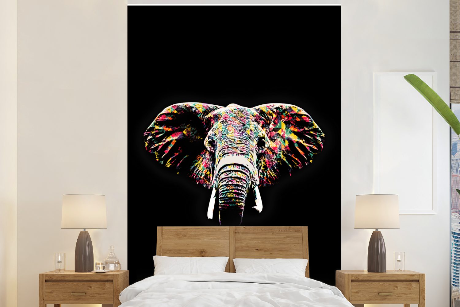 MuchoWow Fototapete Elefant - Farbe - Farben, Matt, bedruckt, (3 St), Montagefertig Vinyl Tapete für Wohnzimmer, Wandtapete