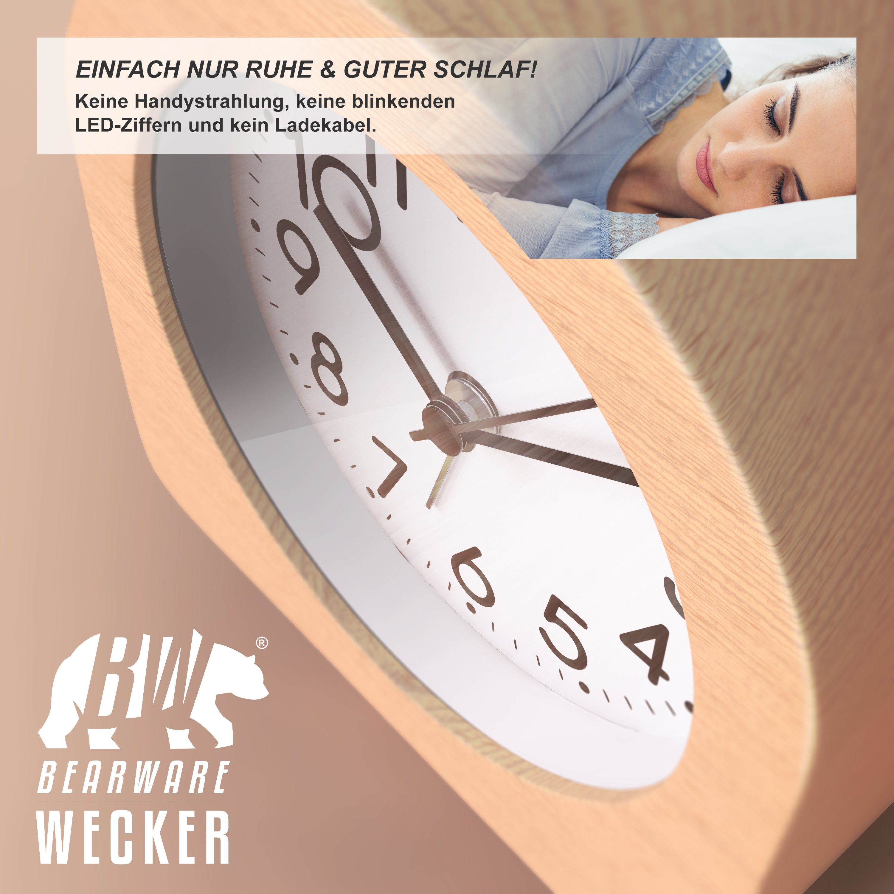 BEARWARE Wecker analoger Reisewecker ohne Ticken mit beleuchtetem Ziffernblatt ansteigender Weckton, kompakt & leicht, Holzoptik, für unterwegs – Bild 5 von 5
