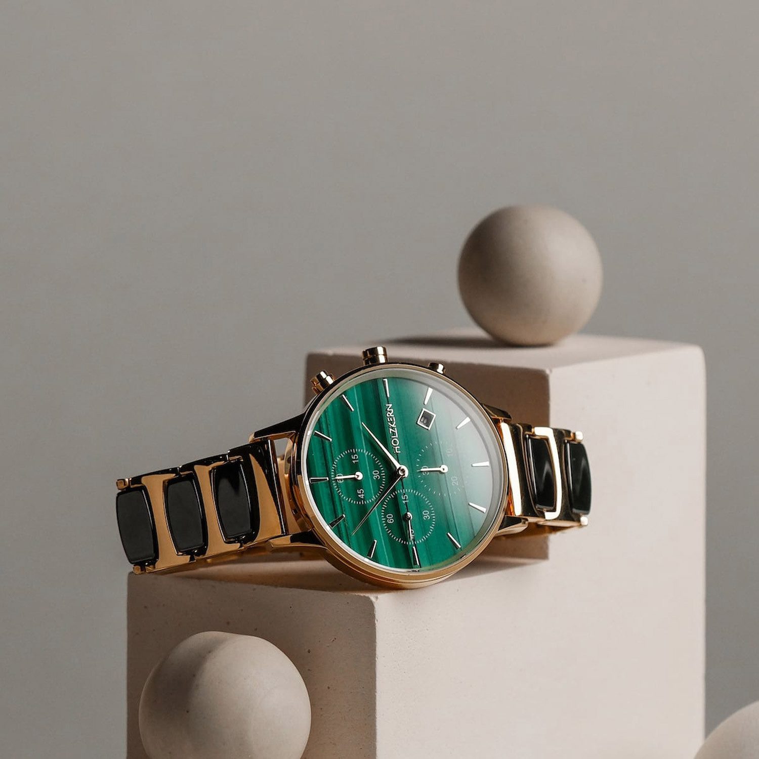 Holzkern Quarzuhr 9010631016401, Damenuhr Chronograph Jolly Malachit/Keramik