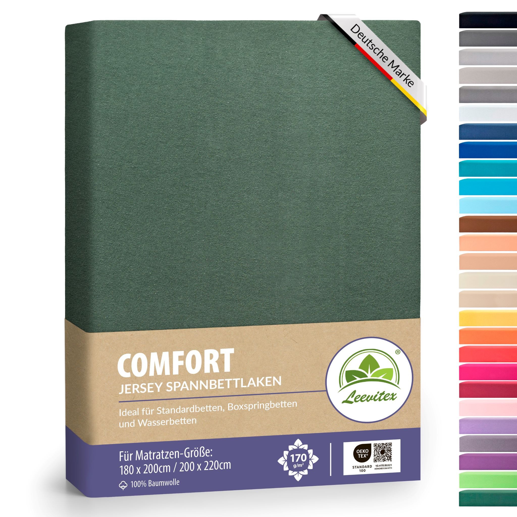 leevitex® Spannbettlaken 180x200 cm - 200x220 cm, Stoffgewicht 170 g/m², 40 cm Steghöhe, Jersey, Gummizug: rundum, (1 Stück), verschiedene Farben, OEKO-TEX® STANDARD 100 zertifiziert
