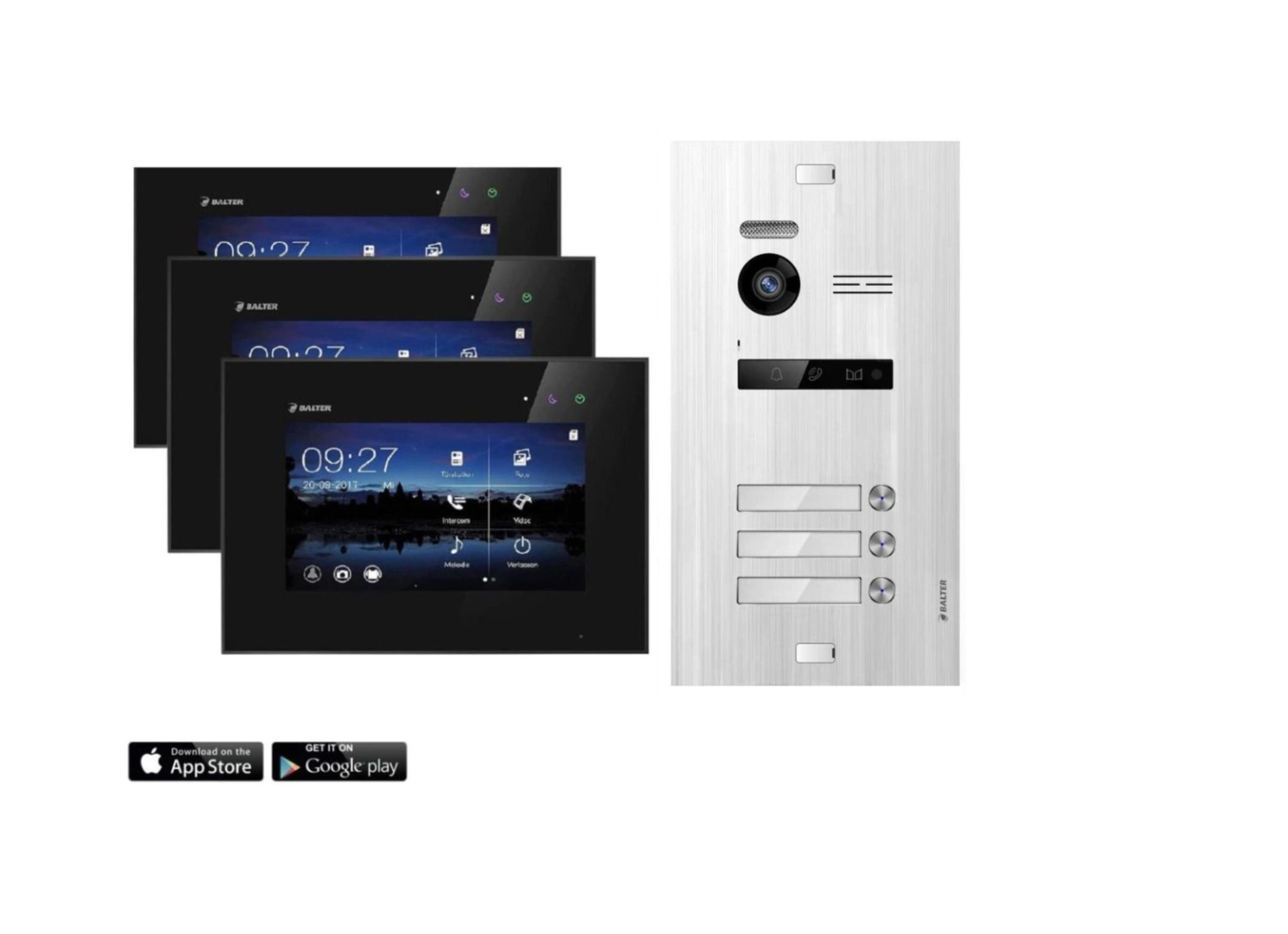 Balter Video-Türsprechanlage Video Türsprechanlage mit App für 3 Familienhaus, 3x Monitore (Komplettset, 3-tlg., 150 Grad Winkelkamera, WIFI)