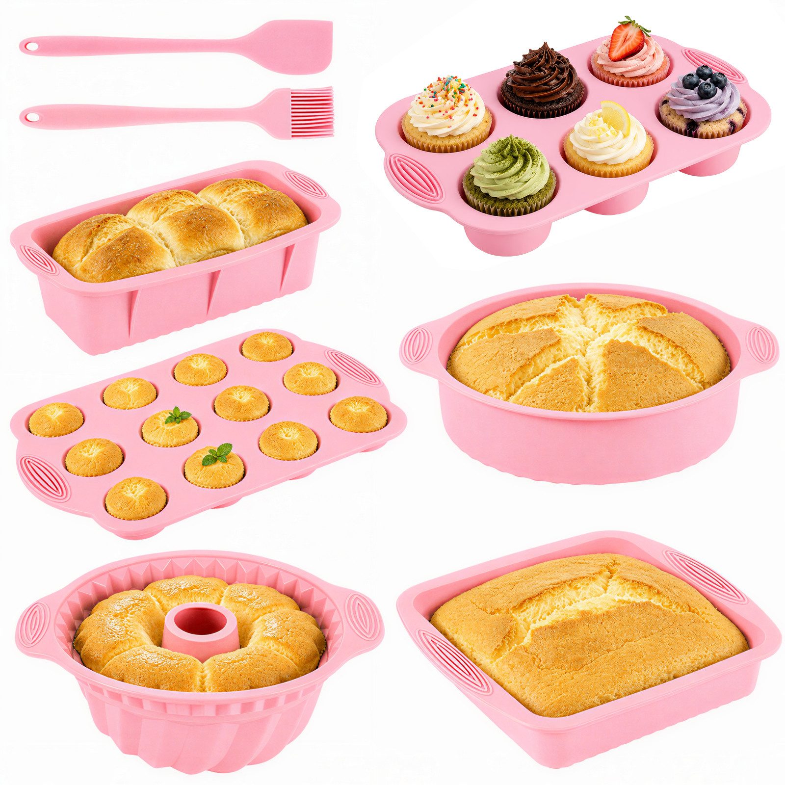 BlingBin Backform 8 Stück Silikon Backformen Set, Kuchenform Muffinform für Backen, (8er Set 8-tlg), Antihaft Springform mit Backpinsel Silikonspatel für Muffin Kuchen