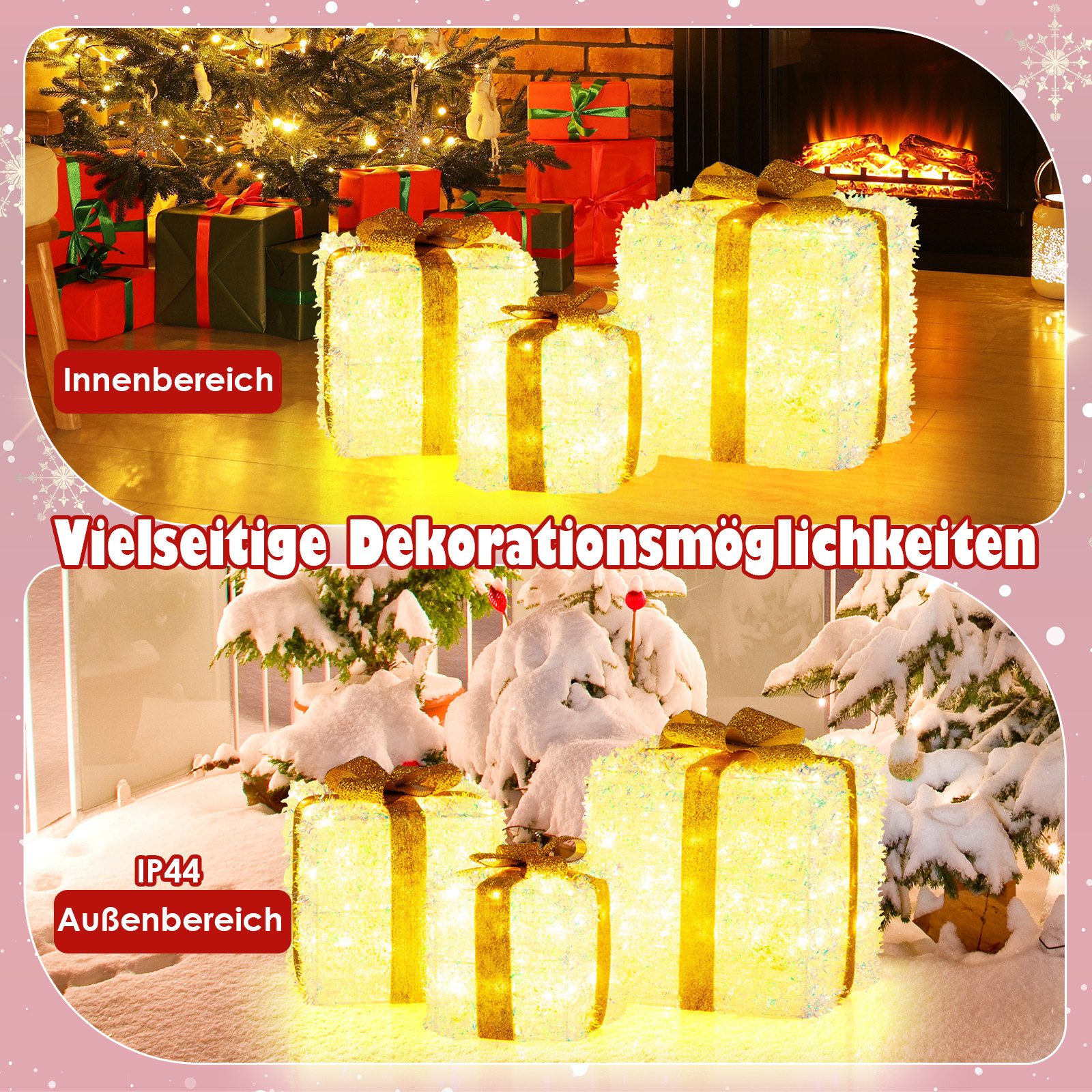 COSTWAY Weihnachtsfigur, 3er Set LED Geschenkbox, Weihnachtsdeko, Dekobox