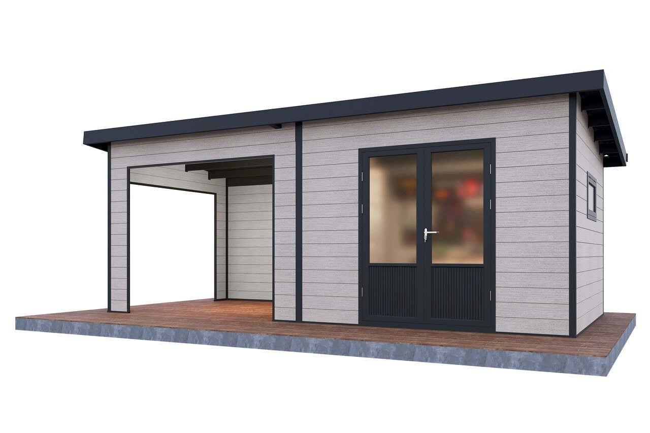 Finnhaus Wolff Gerätehaus Holz WPC Tona 6030 28 Hellgrau, BxT: 654x340 cm, in Naturbelassen mit 28mm Wandstärke