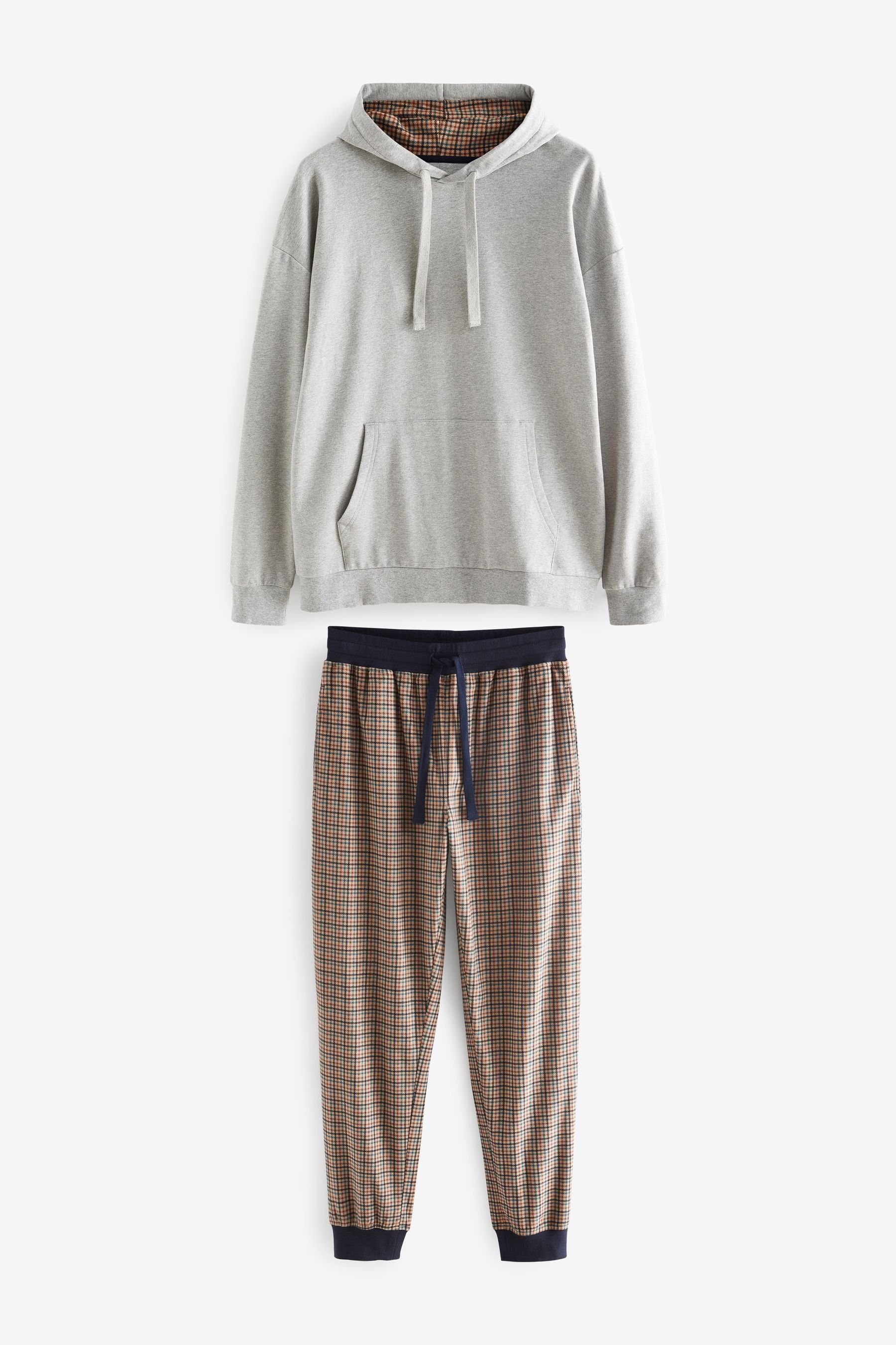 Schlafanzug Hooded Kuscheliger Next MotionFlex Check Pyjama Bündchen Grey/Neutral (2 mit tlg)