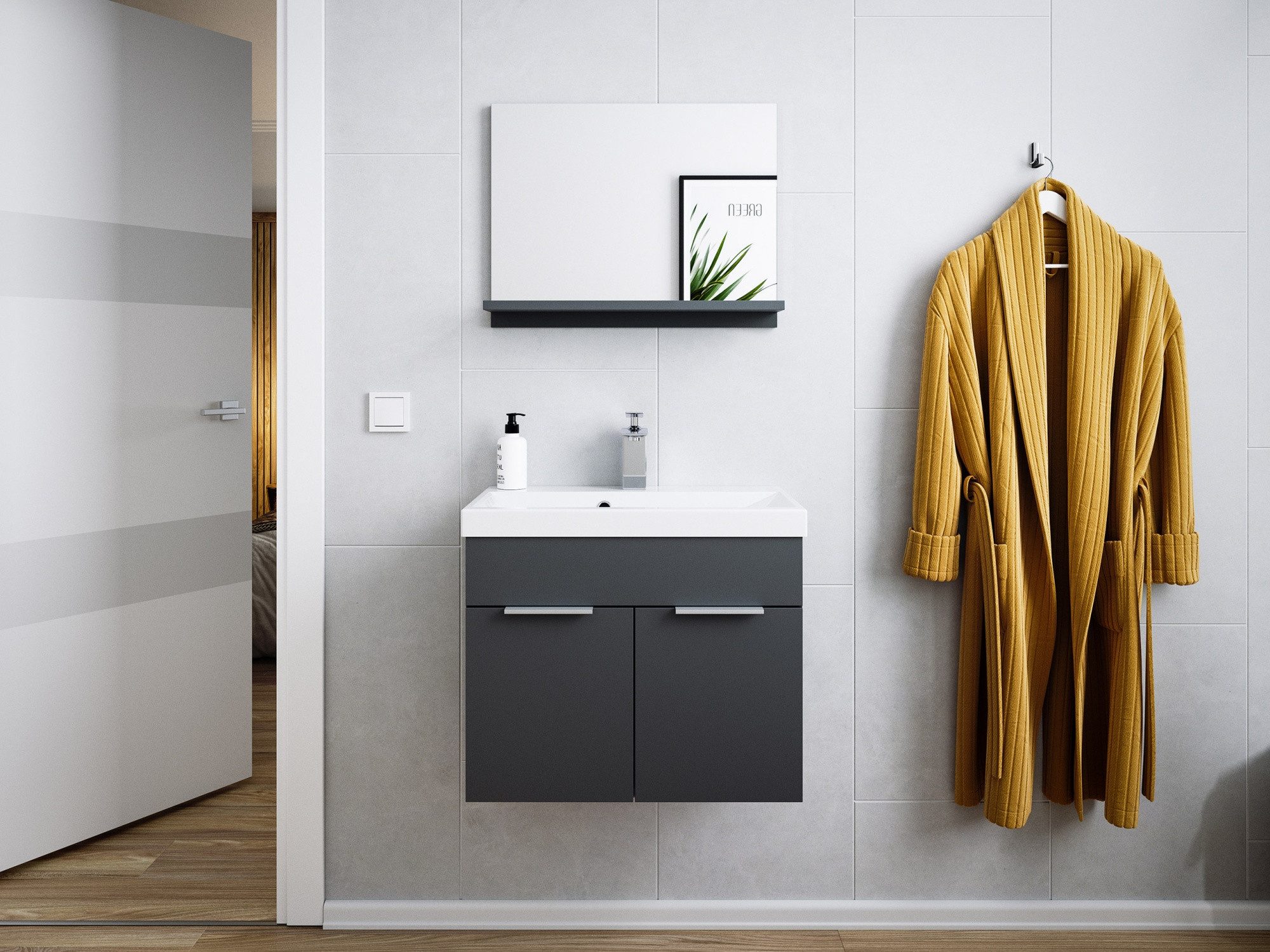 Magnolia Home Badmöbel-Set Badmöbel-Set Slimline Vega 2tlg mit Spiegel SoftClose grafit ST/grafit, Soft-Close