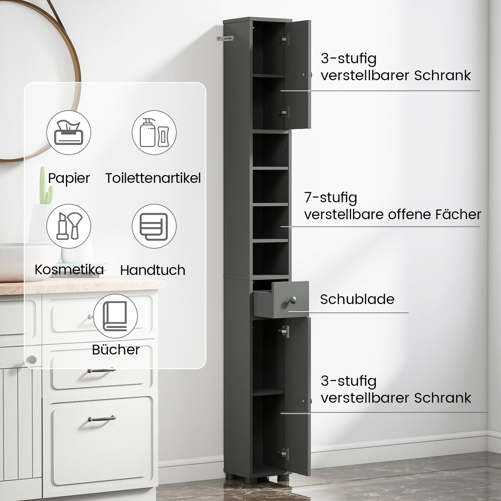 COSTWAY Hochschrank Badschrank schmal, verstellbaren Regal 180cm Weiß