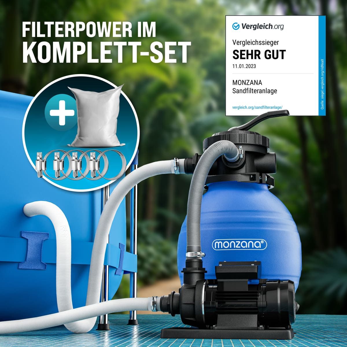 monzana Sandfilteranlage, Sandfilteranlage Pool Selbstansaugend 10.200L/h 450 Watt 2in1 Adapter