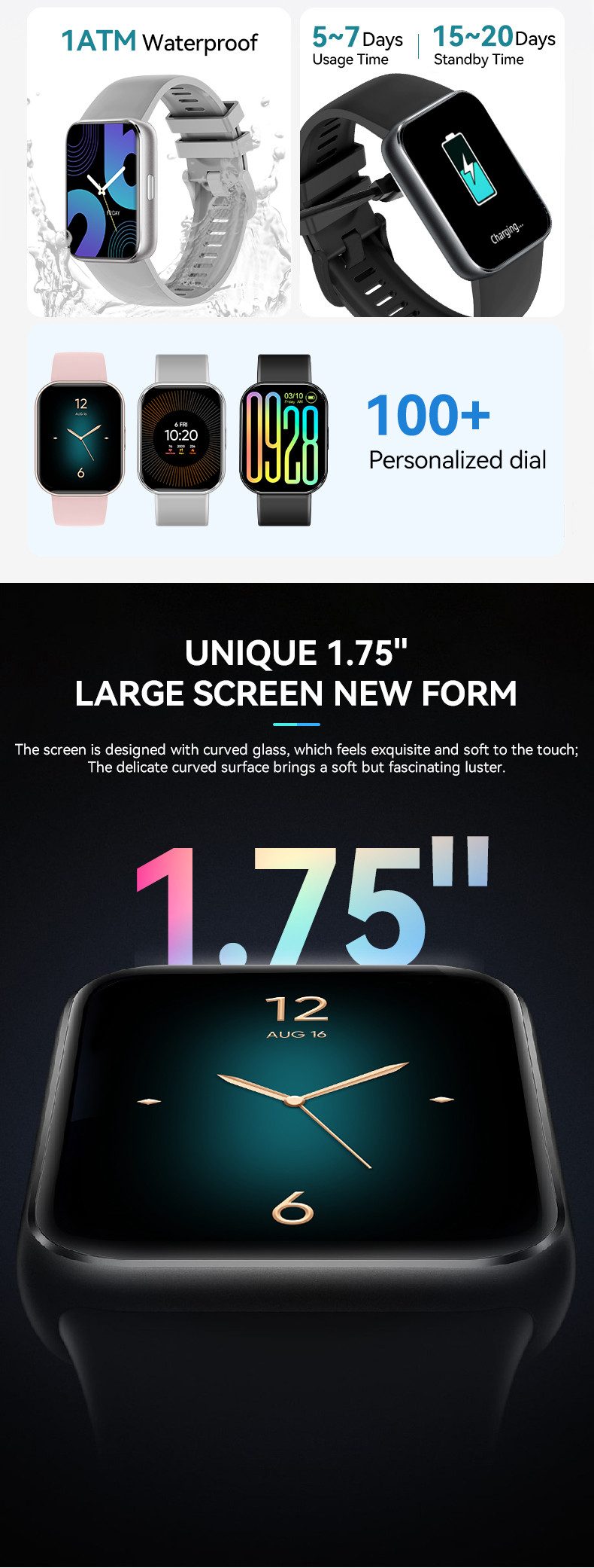 Zevelora Herren's Telefonfunktion IP68/1ATM Wasserdicht Fitness-Tracke Smartwatch (1.75 Zoll, Android/iOS), Luxuriöse Fitnessuhr mit SpO₂, Stressanalyse & über  – Bild 4 von 5