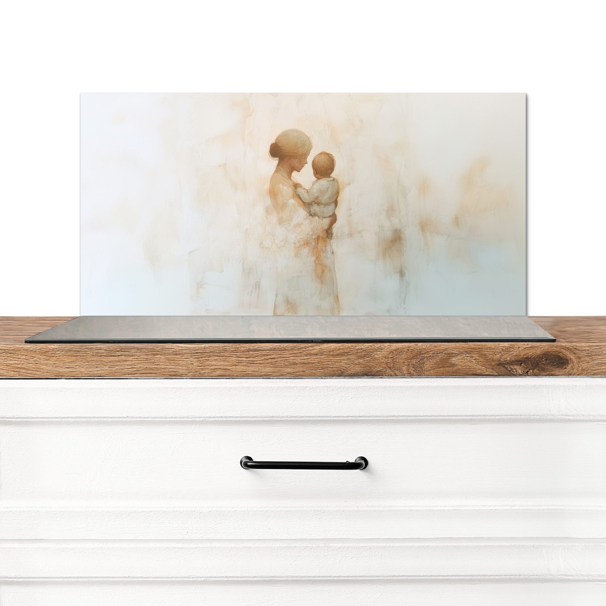 KitchenYeah Küchenrückwand Kind - Mutter - Aquarellmalerei, (1-tlg), Spritzschutz Küchenrückwand, Wandschutz, 60x30 cm