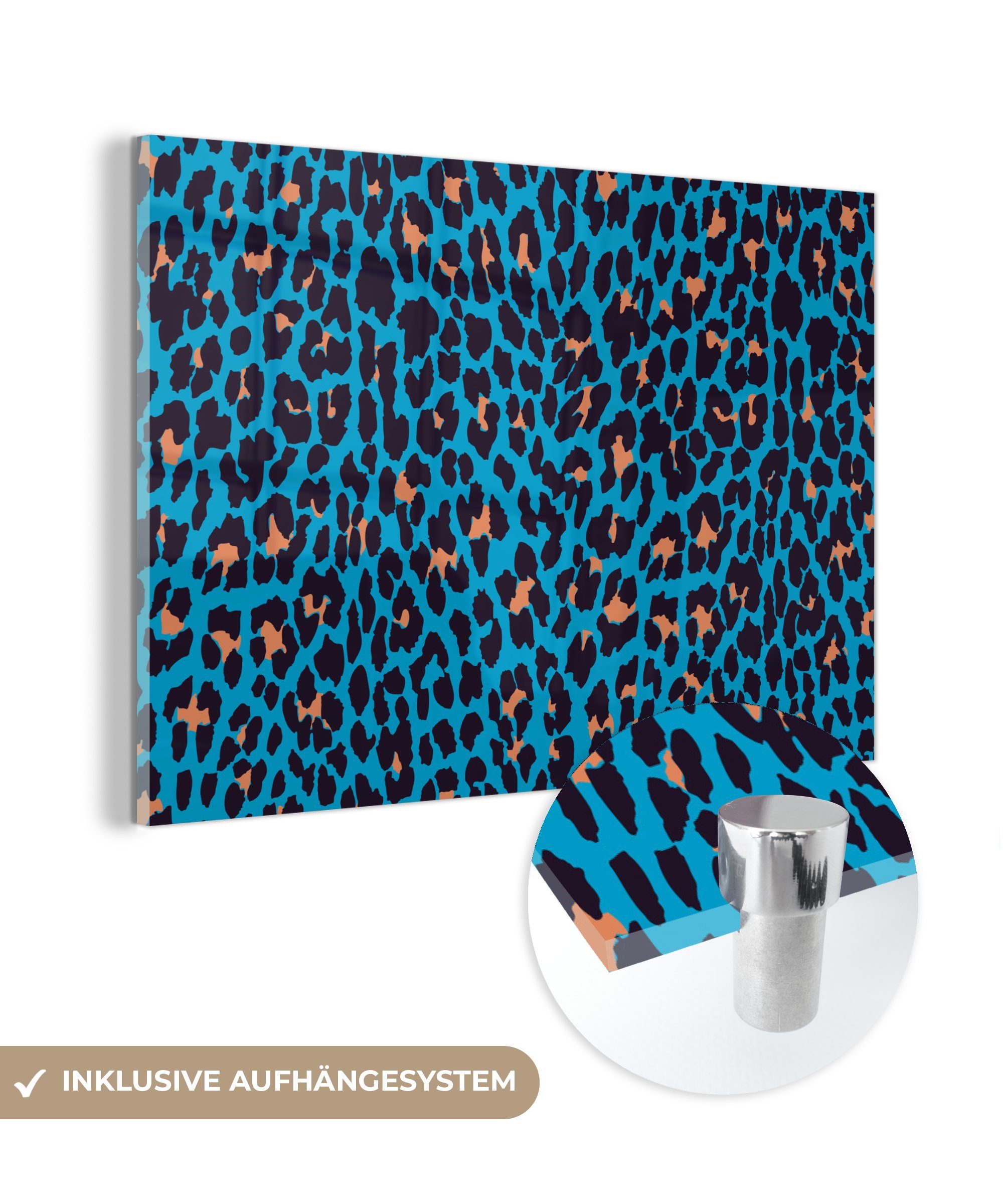 MuchoWow Acrylglasbild Leopardenmuster - Design - Blau, (1 St), Glasbilder - Bilder auf Glas Wandbild - Foto auf Glas - Wanddekoration