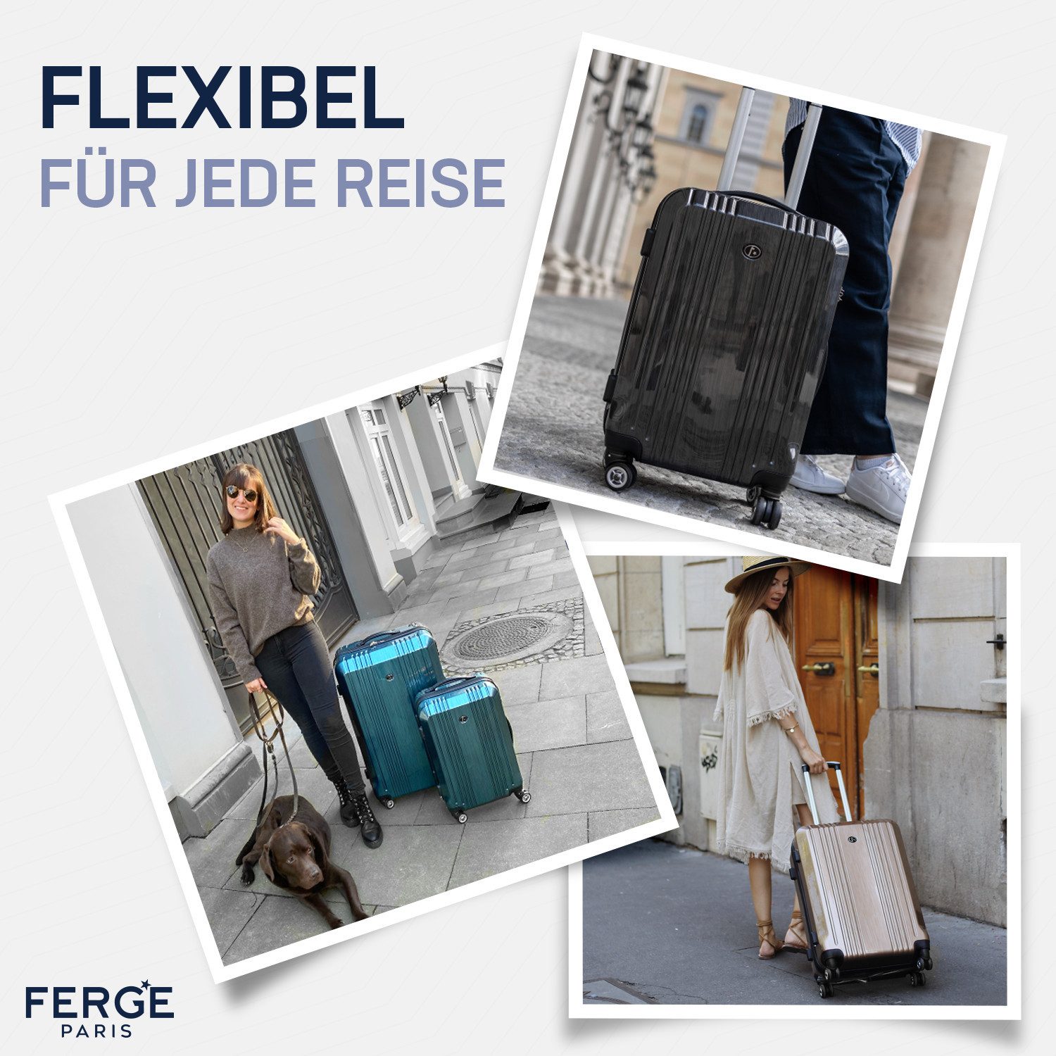 FERGÉ Kofferset Hartschale 3 teilig Koffer Set CANNES TSA-Schoß, 4 Rollen, (3er Kofferset stabil und leicht mit Zahlenschloß, 3 tlg., Hartschalen-Trolley Set 3 Größen Handgepäck Koffer M XL), Trolley 3er Koffer Set, Premium Reisekoffer 4 Doppelrollen TSA-Schloss