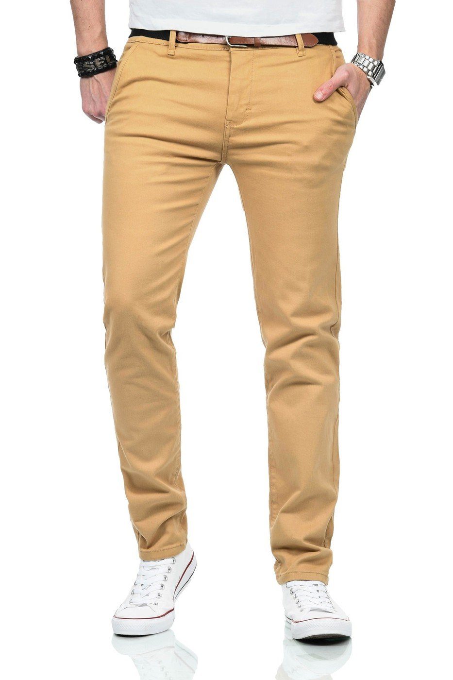 Maurelio Modriano Stoffhose mit Stretchanteil und passendem Gürtel beige