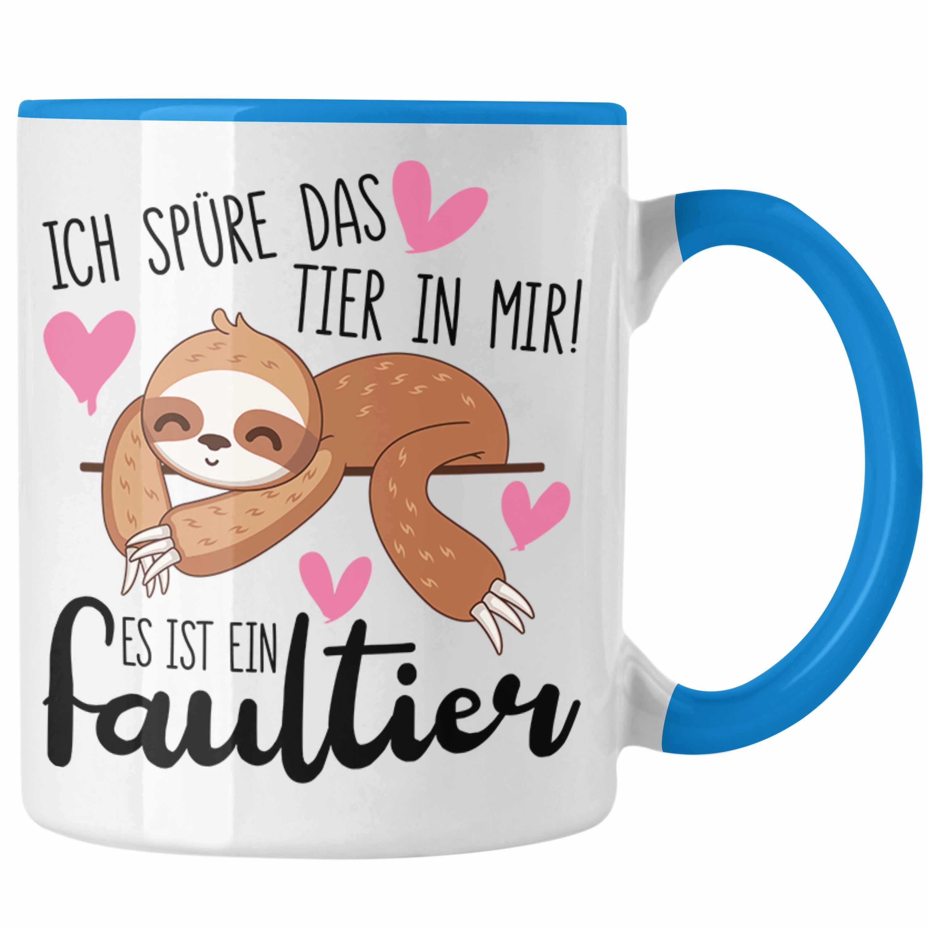 Trendation Tasse Trendation - Ich Spüre Das Tier In Mir Faultier Tasse Geschenk Kollegin Kaffeetasse Kaffeebecher Geschenkidee Lustiger Spruch Blau