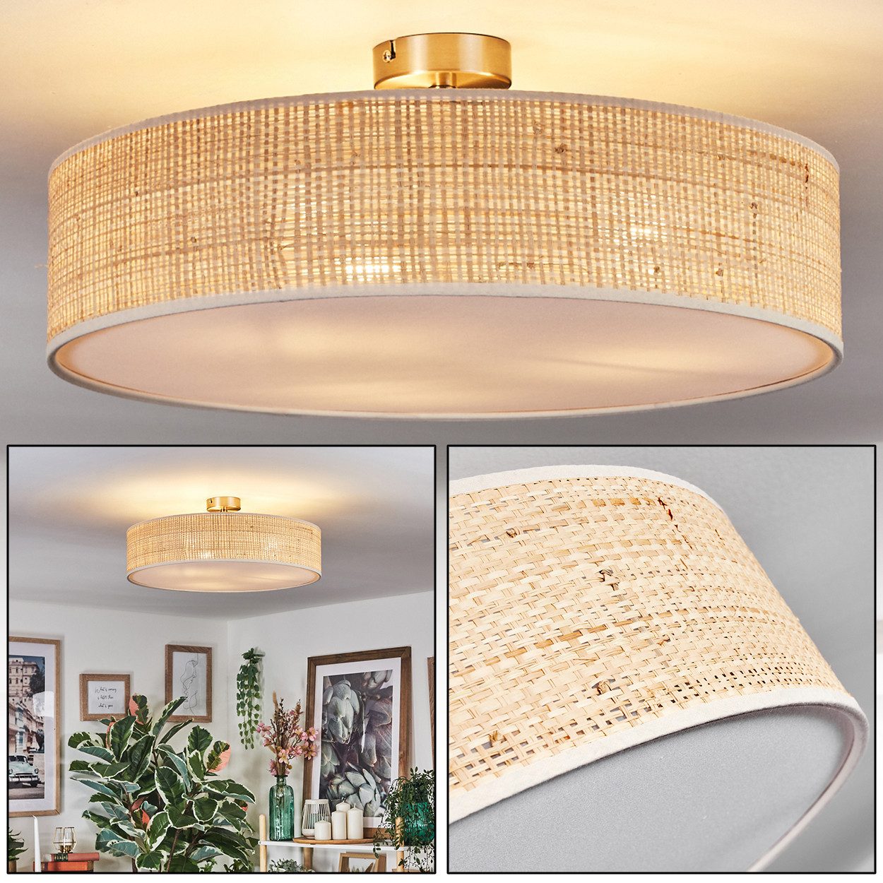 hofstein Deckenleuchte Deckenlampe aus Metall/Rattan/Stoff/Kunststoff in Naturfarben/Weiß, Deckenleuchte im modernen Boho-Design, Ø 50 cm, E27