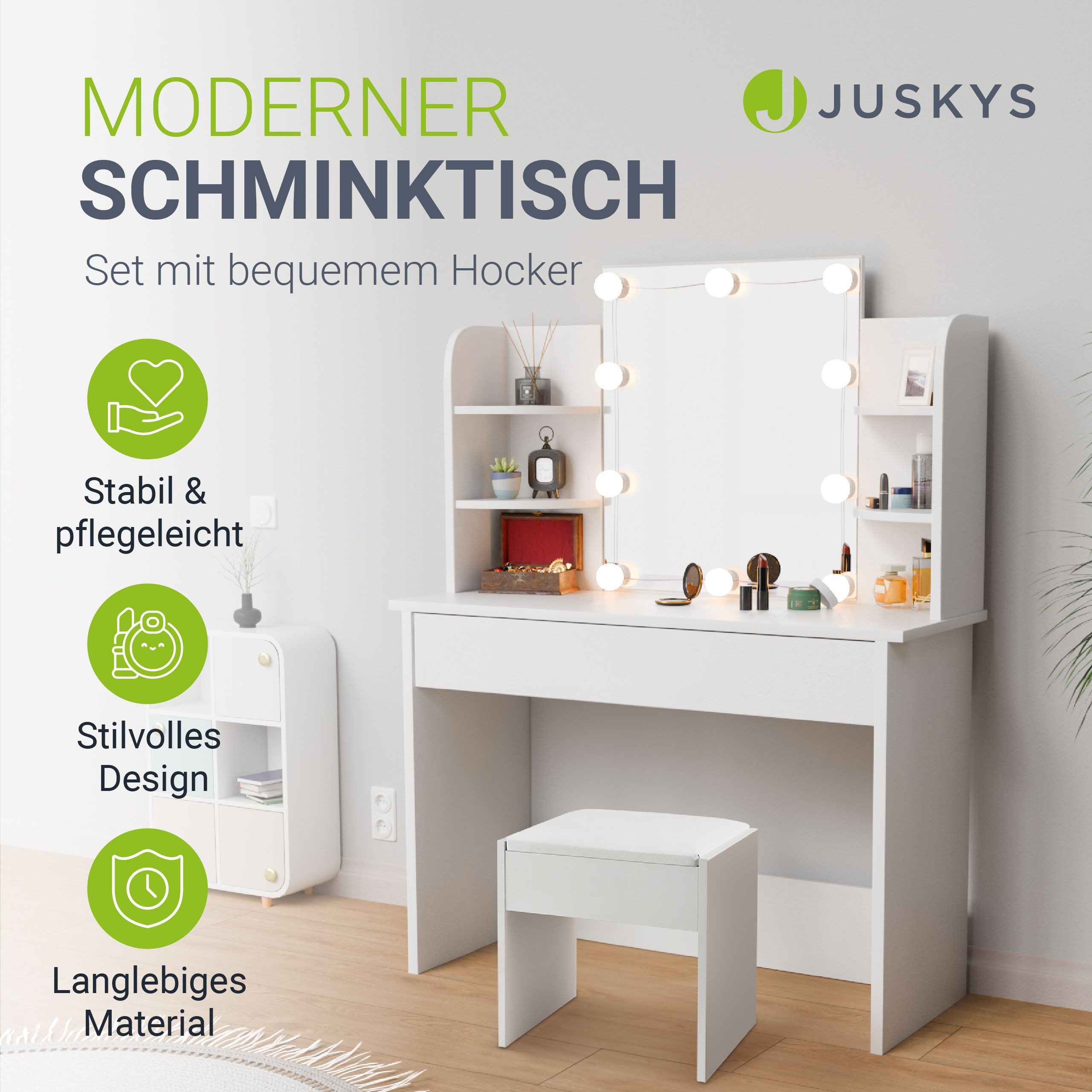 Juskys Schminktisch Bella, Inkl. Hocker Melly & LED Beleuchtung, Spiegel, S günstig online kaufen