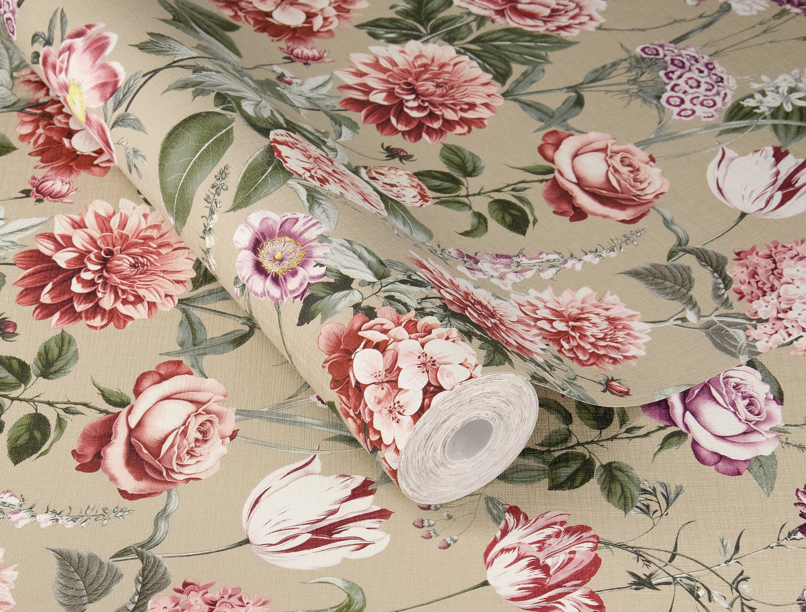 Rasch Vliestapete Blumen - Vinyltapete Weiß Braun Grün Rot Rosa Gelb Lila, floral, matt, (1 Rolle, 1 St., 10,05 m x 0,53 m), Lichtbeständige Farben - Feucht abwischbar - Restlost abziehbar