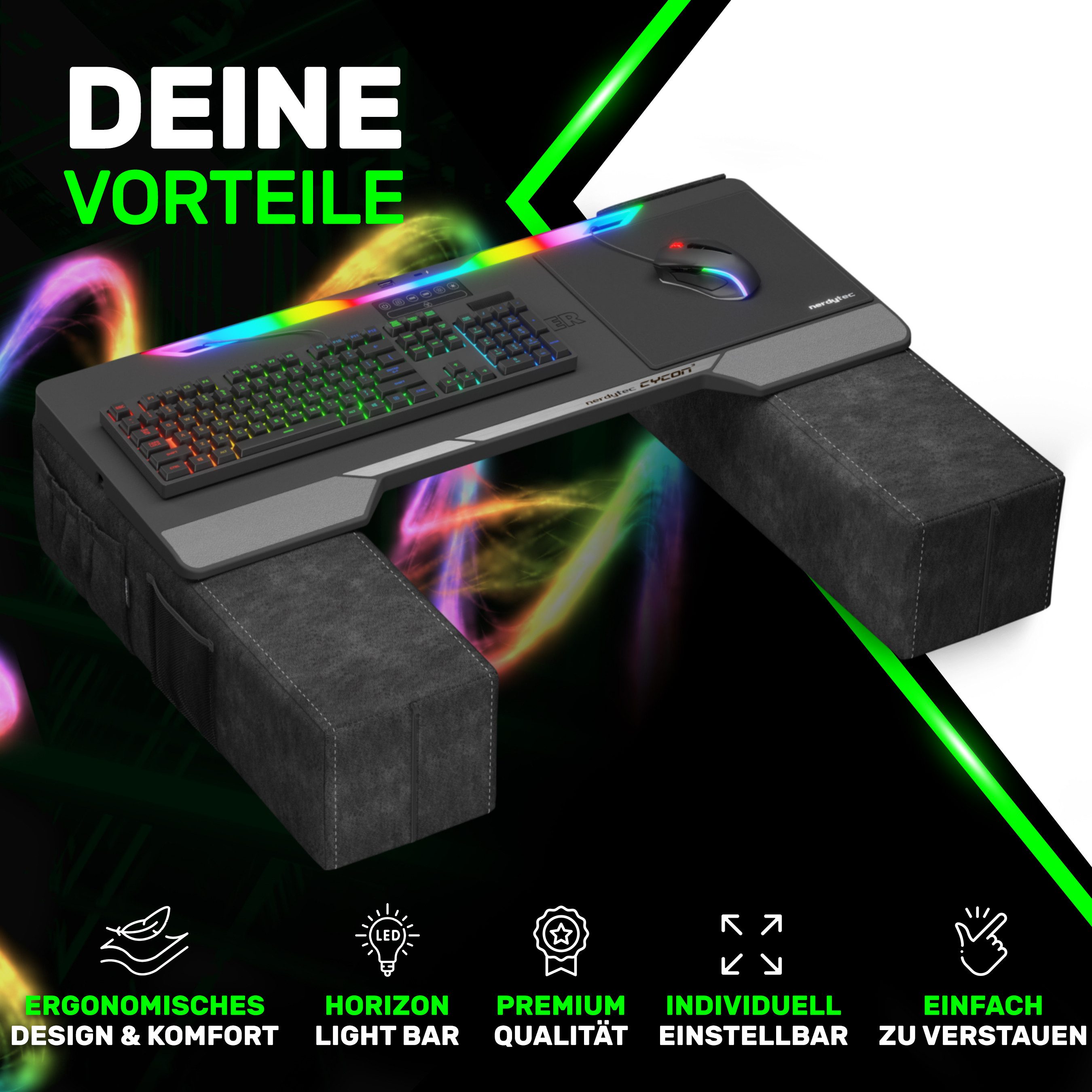 COUCHMASTER CYCON³ Black - Ergonomisches Gaming Lapdesk für Couch & Bett, HORIZONLIGHT Bar