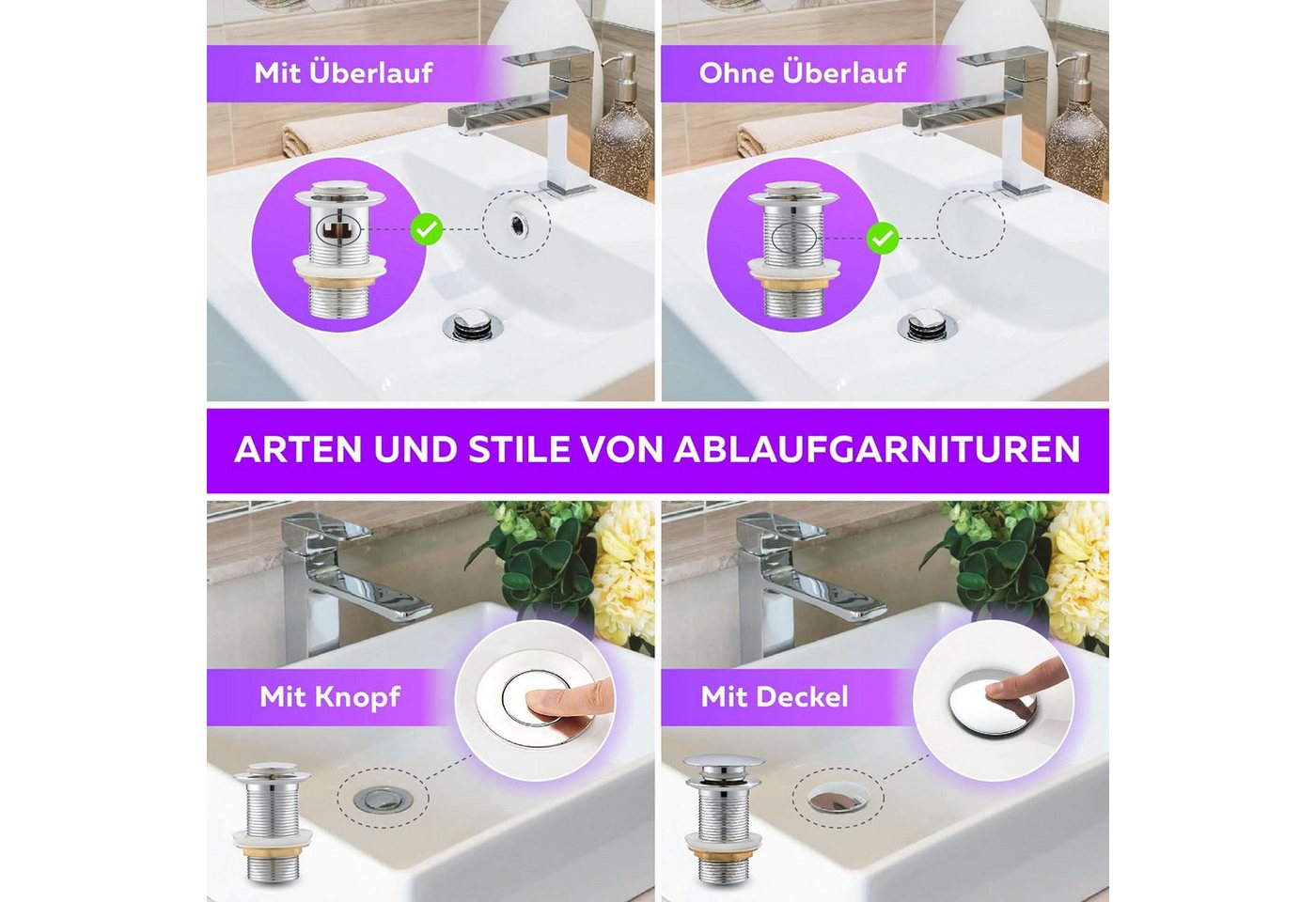 Thumbnail - M. Rosenfeld Ablaufgarnitur Waschbecken OHNE Überlauf mit Knopf (Chrom Ablaufventil Pop Up 1 1/4 zoll aus Edelstahl & Me...