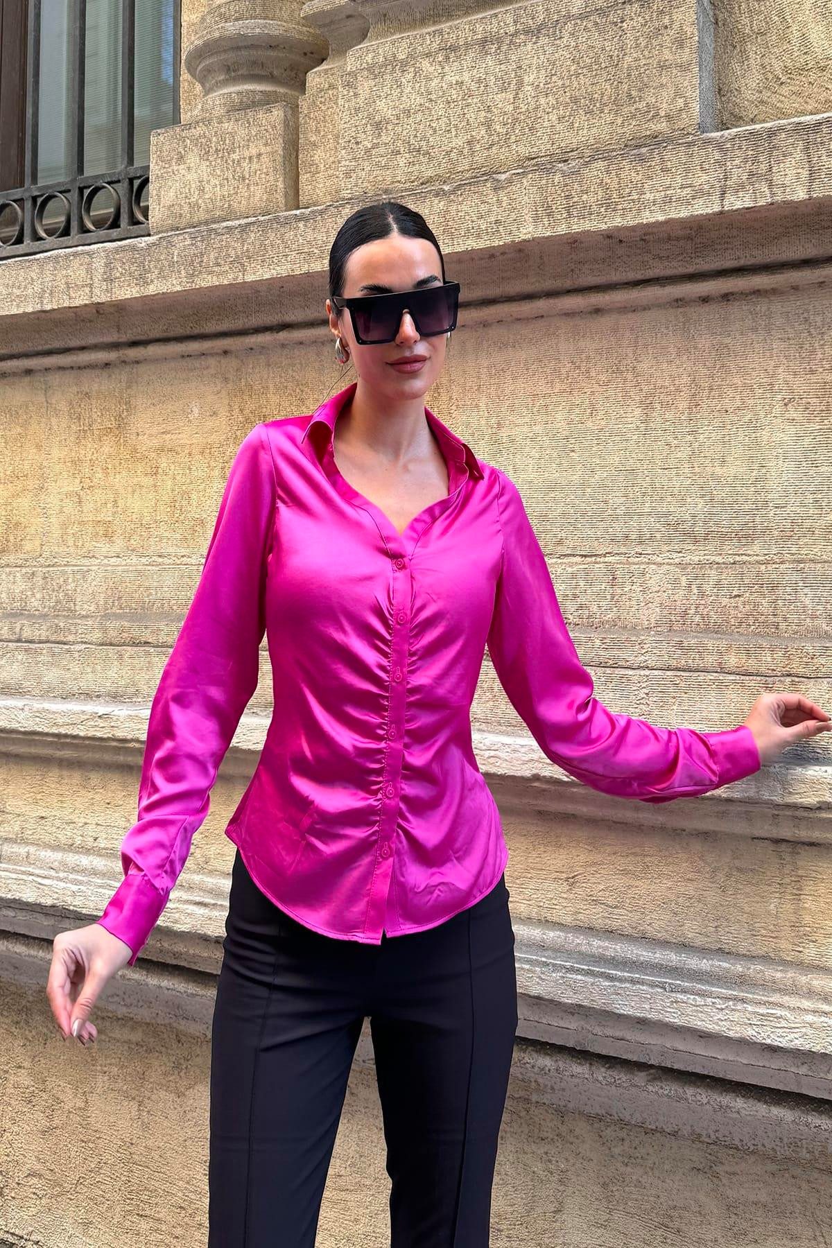 For You Moda Karohemd Gerüschte Satin Fuchsia Bluse günstig online kaufen