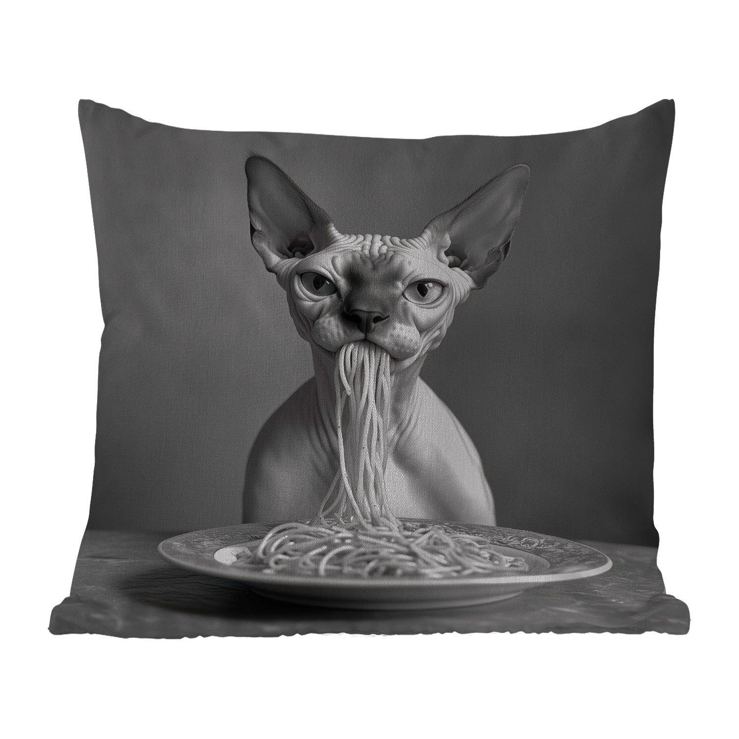 MuchoWow Dekokissen Sphynx - Katze - Tiere - Humor - Spaghetti - Schwarz und Weiß, Kissenhülle für den Außenbereich, Outdoor, Kissen, 50x50 cm