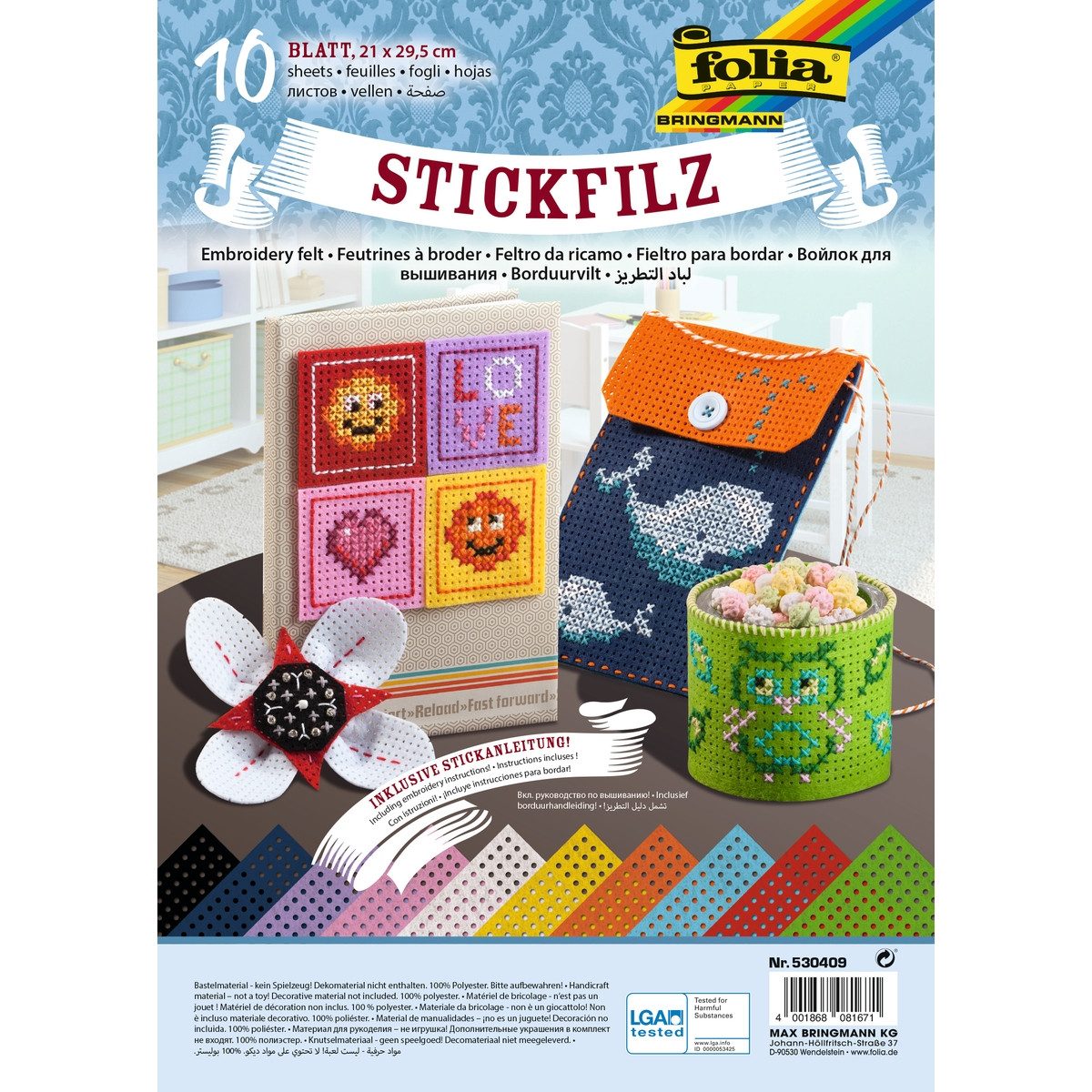 Folia Bastelfilz folia Stickfilz 10 Farben 21x29,5cm 10 Blatt