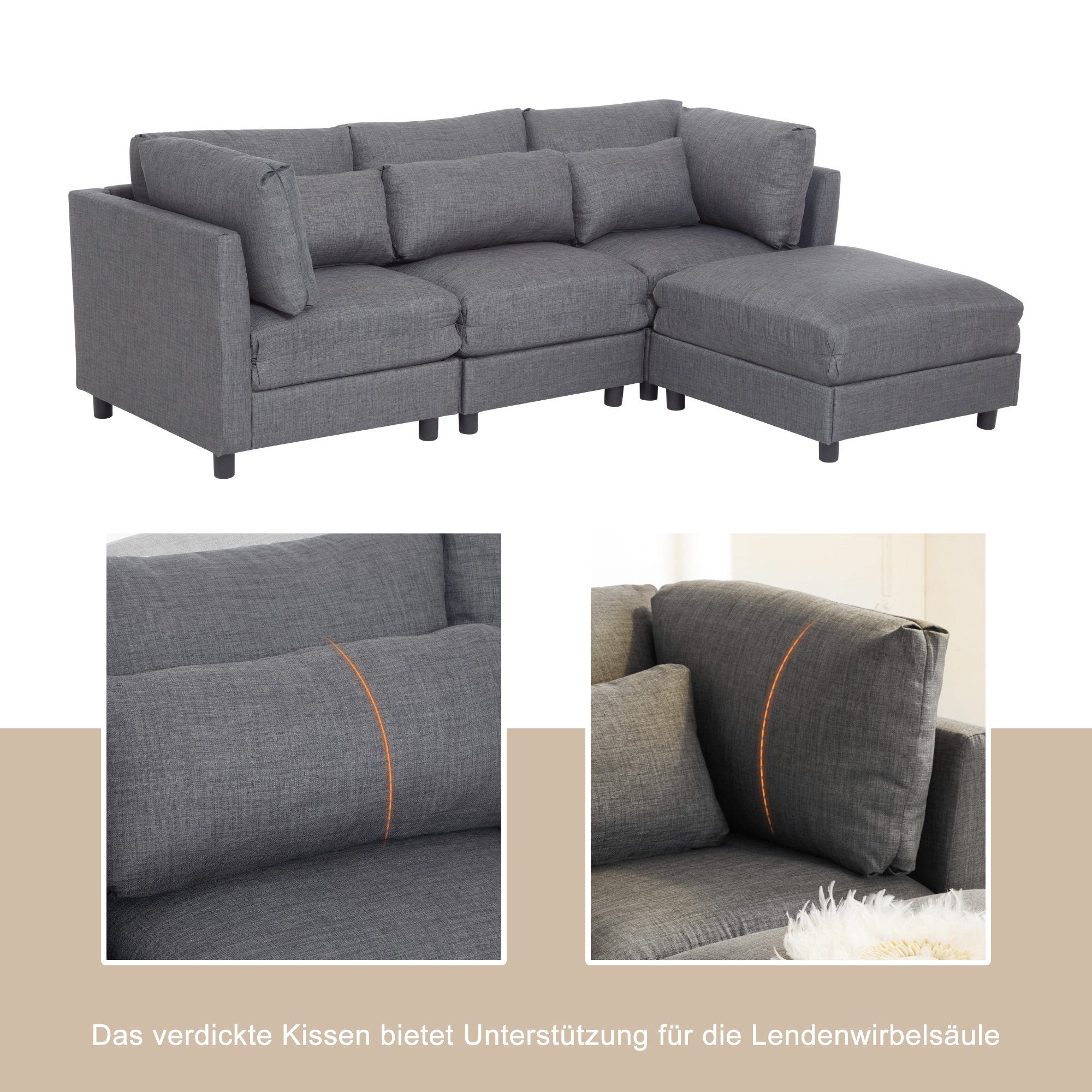 mit Wohnzimmersofa, Fußstütze grau Sofa REDOM mit Sofa Schlafsofa, Chaiselongue, 3-Sitzer-Sofa, Ecksofa