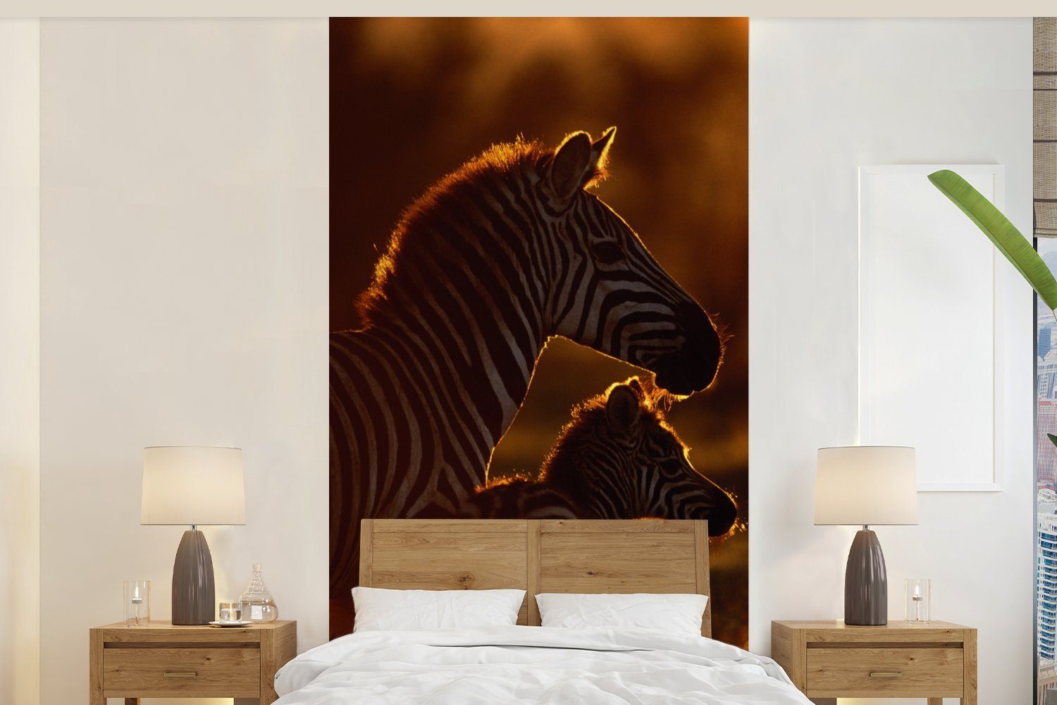MuchoWow Fototapete Zebra - Sonne - Fohlen, Matt, bedruckt, (2 St), Vliestapete für Wohnzimmer Schlafzimmer Küche, Fototapete