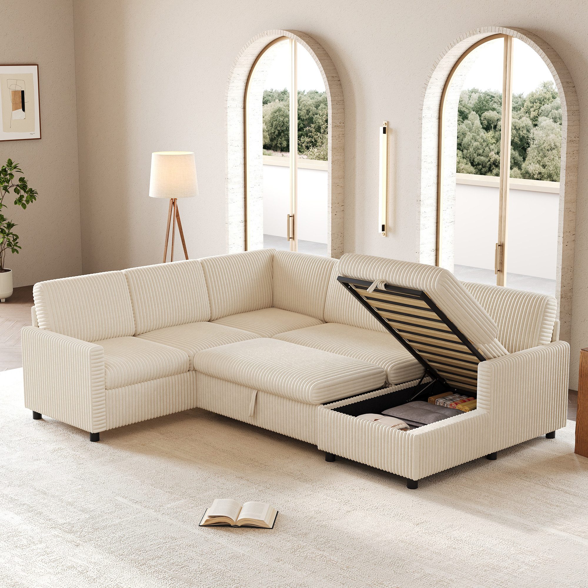 Flieks Ecksofa U-förmig ausziehbares Schlafsofa mit Schlaffunktion & Bettkasten, 220×274×85 cm, 6-Sitzer Sofa Eck-Schlafcouch mit Stauraum Cordstoff Beige