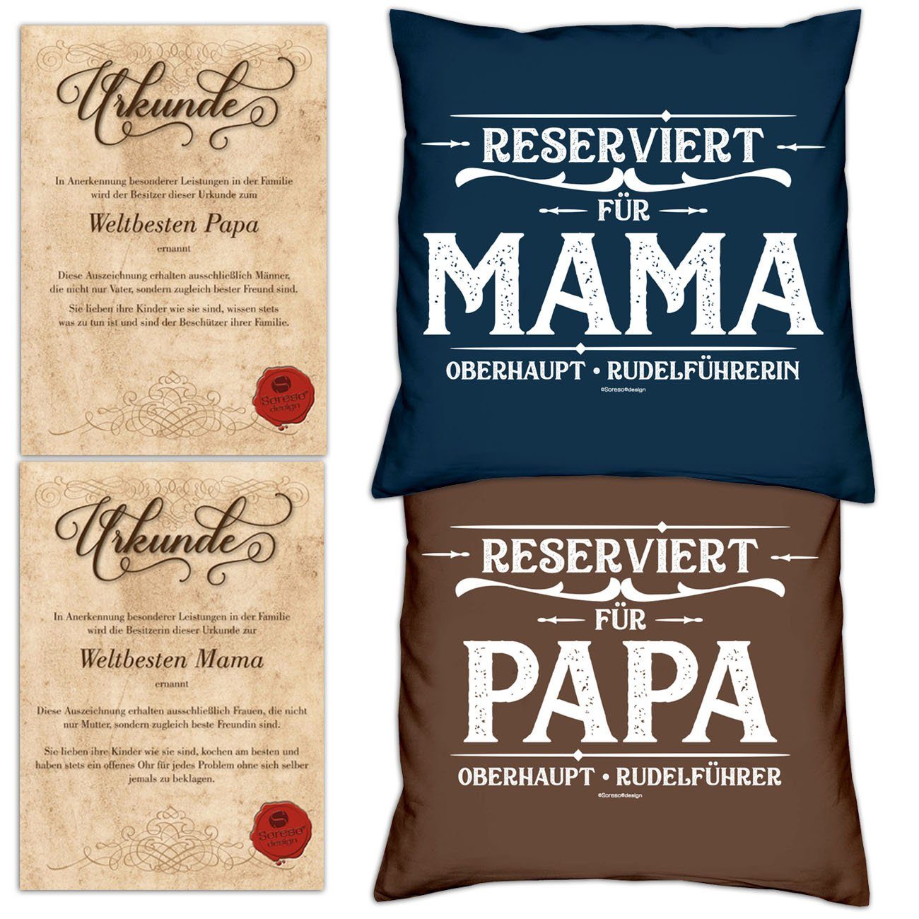 Soreso® Dekokissen Kissen-Set für Reserviert navy-blau Reserviert Urkunden, Papa mit Geschenk für Muttertag Vatertag Mama