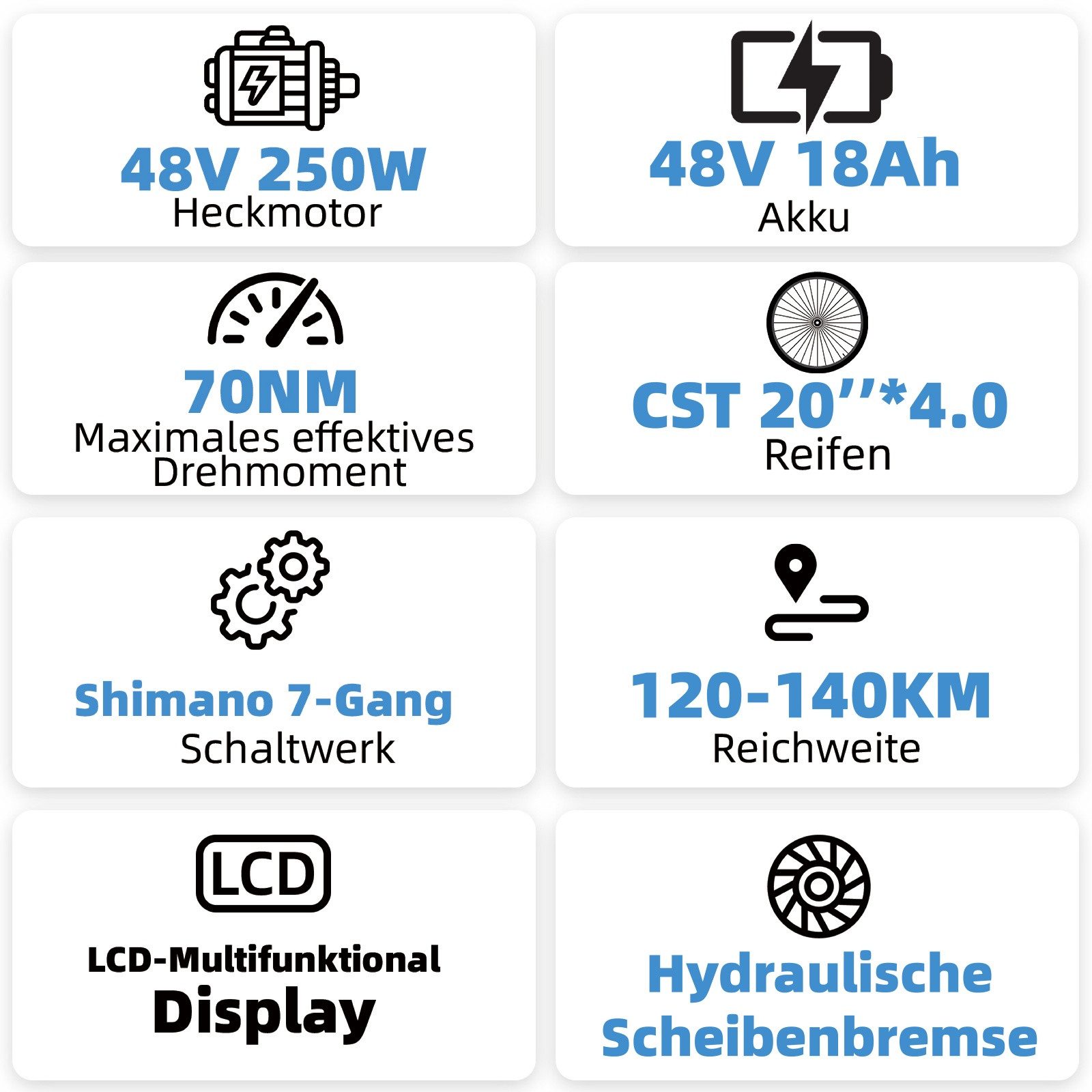 TTGO E-Bike Klapprad 20x4 Zoll, 70Nm Hinterradmotor, 140km, F6B, Drehmomentsensor, 7 Gang SHIMANO, Kettenschaltung, Heckmotor, 864 Wh, MAX. 150kg, Federgabel mit Lockout, Elektrofahrrad, hydr. Bremsen