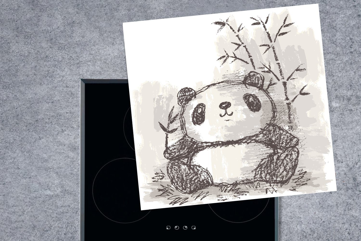 (1 - Arbeitsplatte Schwarz Bambus 78x78 Vinyl, Weiß, cm, Panda küche tlg), Herdblende-/Abdeckplatte - Ceranfeldabdeckung, für - MuchoWow