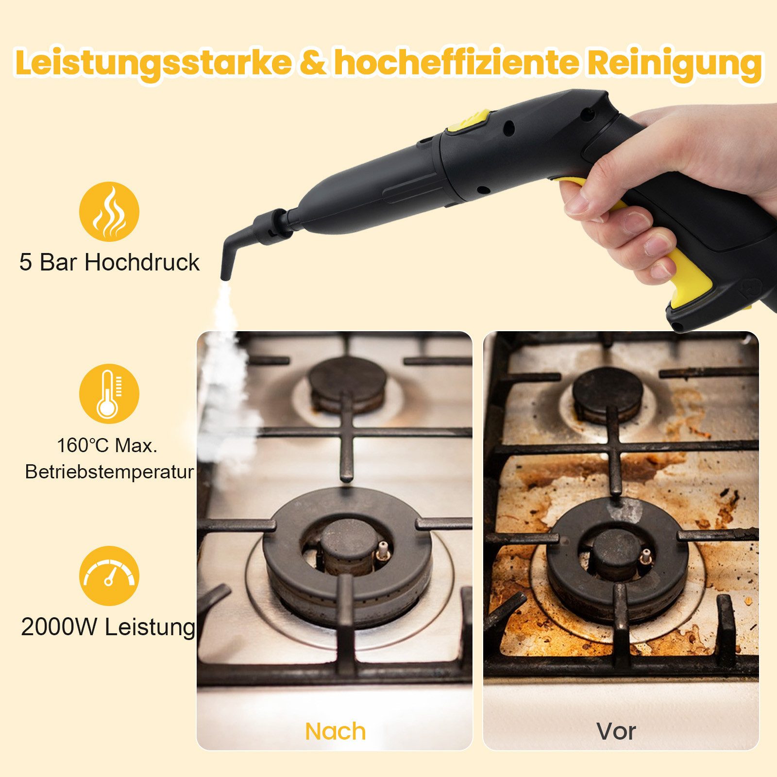 COSTWAY Dampfreiniger, 2000 W, 5 Bar, mit 1,8L Tank, bis 160 °C