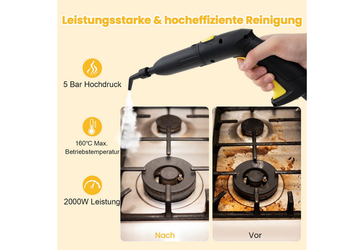 COSTWAY Dampfreiniger, 2000 W, 5 Bar, mit 1,8L Tank, bis 160 °C