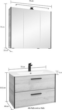 Saphir Badmöbel-Set Quickset 395 2-teilig, Keramik-Waschtisch mit LED-Spiegelschrank, (2-St), Waschplatz 75 cm breit, 3 Türen, 2 Schubladen, Bad-Set