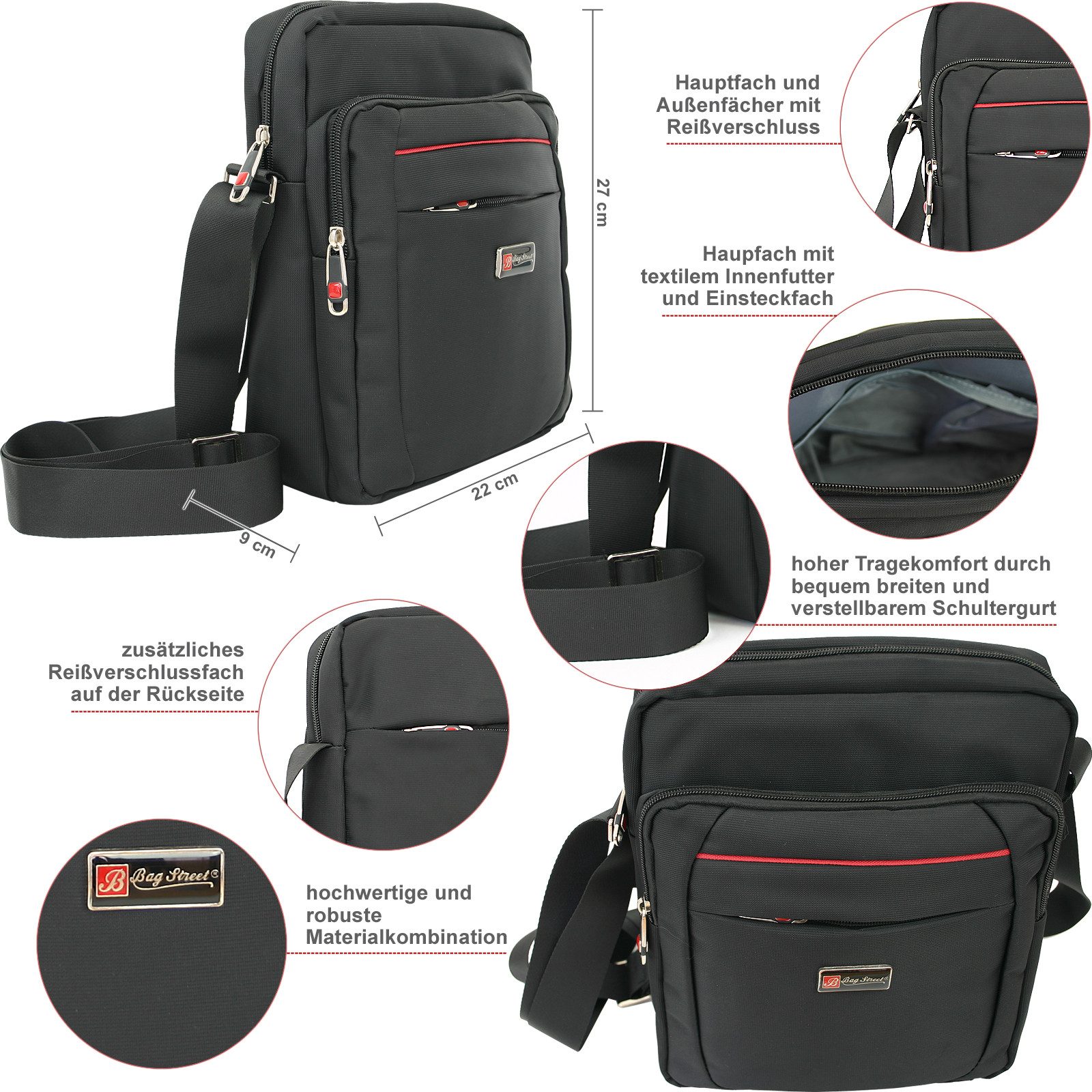 BAG STREET INTERNATIONAL Messenger Bag - Crossover Umhängetasche Schultertasche Medium Size Nylon Schwarz, Leicht