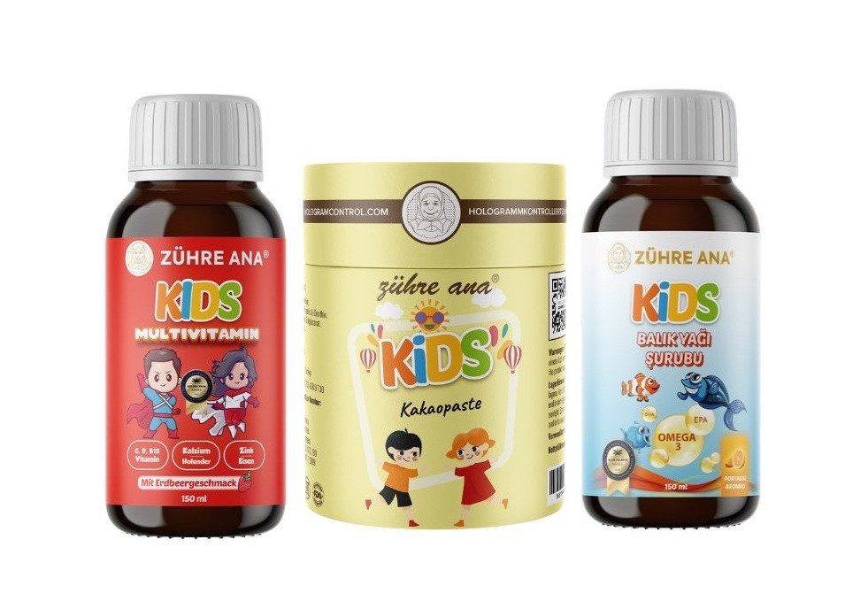 Zühre Ana® Kinder-Multivitamin Sirup, Fischöl & Kids-Paste – 3er Set Sirup, Paste, 540 ml, Kids MultiVitamin mit Erdbeeraroma & Fischöl mit Orangenaroma