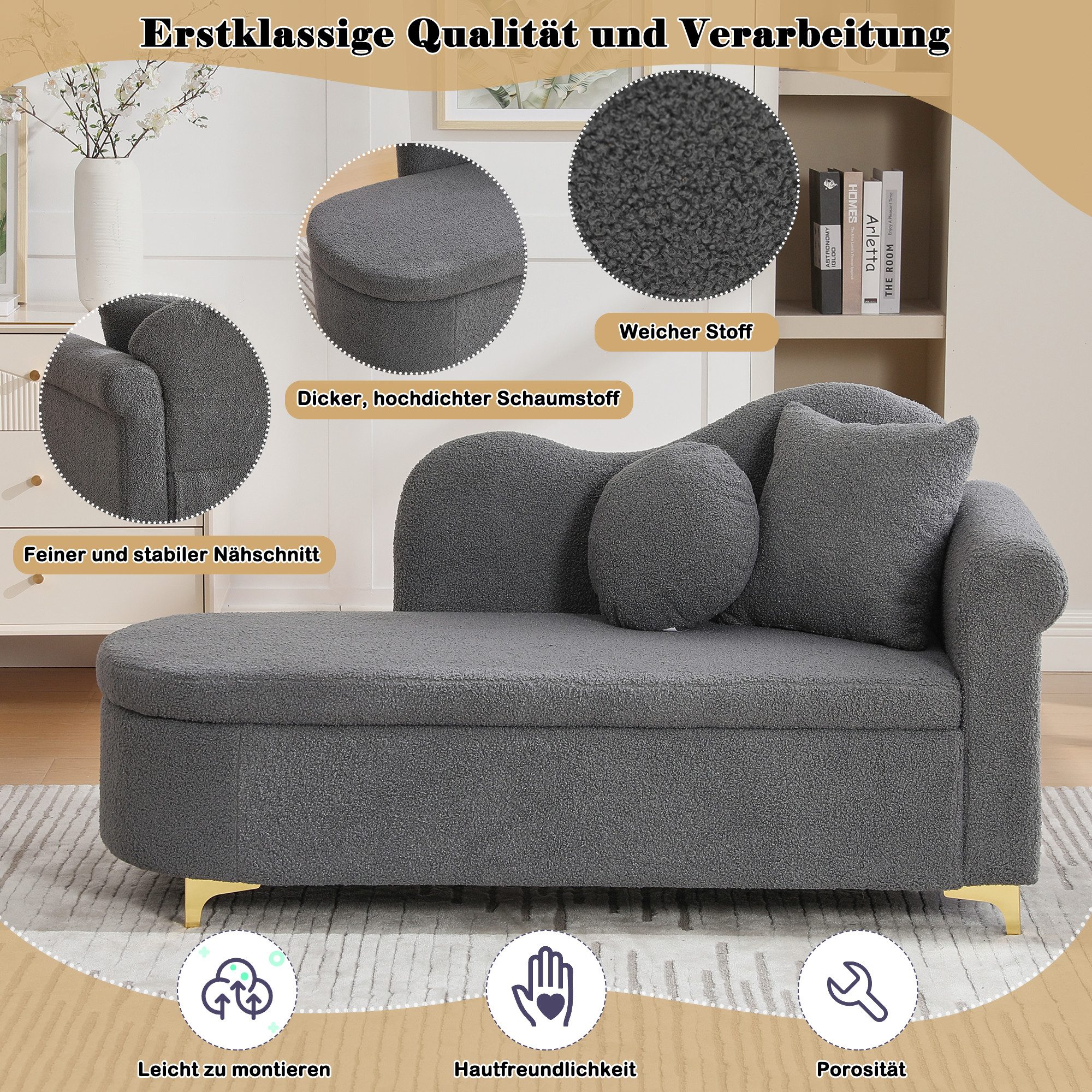 Odikalo Chaiselongue Relaxsessel Freizeitstuhl mit Stauraum & Schlaffunktion, modernes Design wellenförmige Rückenlehne Lammfell-Optik-Stoff hochdichter Sitzkis – Bild 5 von 5