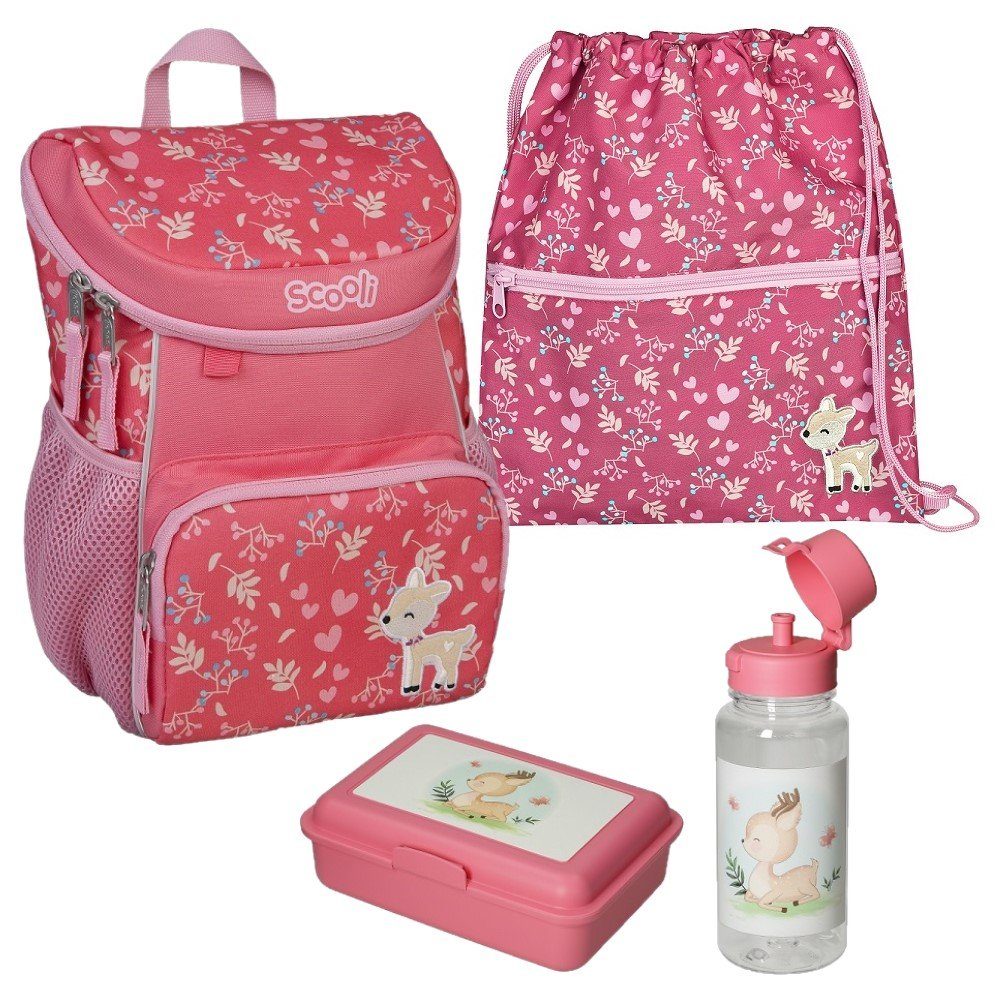 niedlichem Scooli Mädchen Deer Turnbeutel, Rehkitz Bambi inkl. Set Trinkflasche), Brotdose Rosa (Set, Daisy Kinderrucksack Mini-Me Rucksack mit und