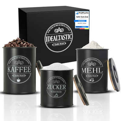 IDEALTASTIC Vorratsdose Premium Set Kaffeedose luftdicht 500g, Zuckerdose & Mehl Aufbewahrung, Stahl, (Luftdicht für mehr Frische, Vorratsdosen-Set [3 Stück je 500g), Kaffee Aufbewahrung I Mehldose & Zucker Behälter