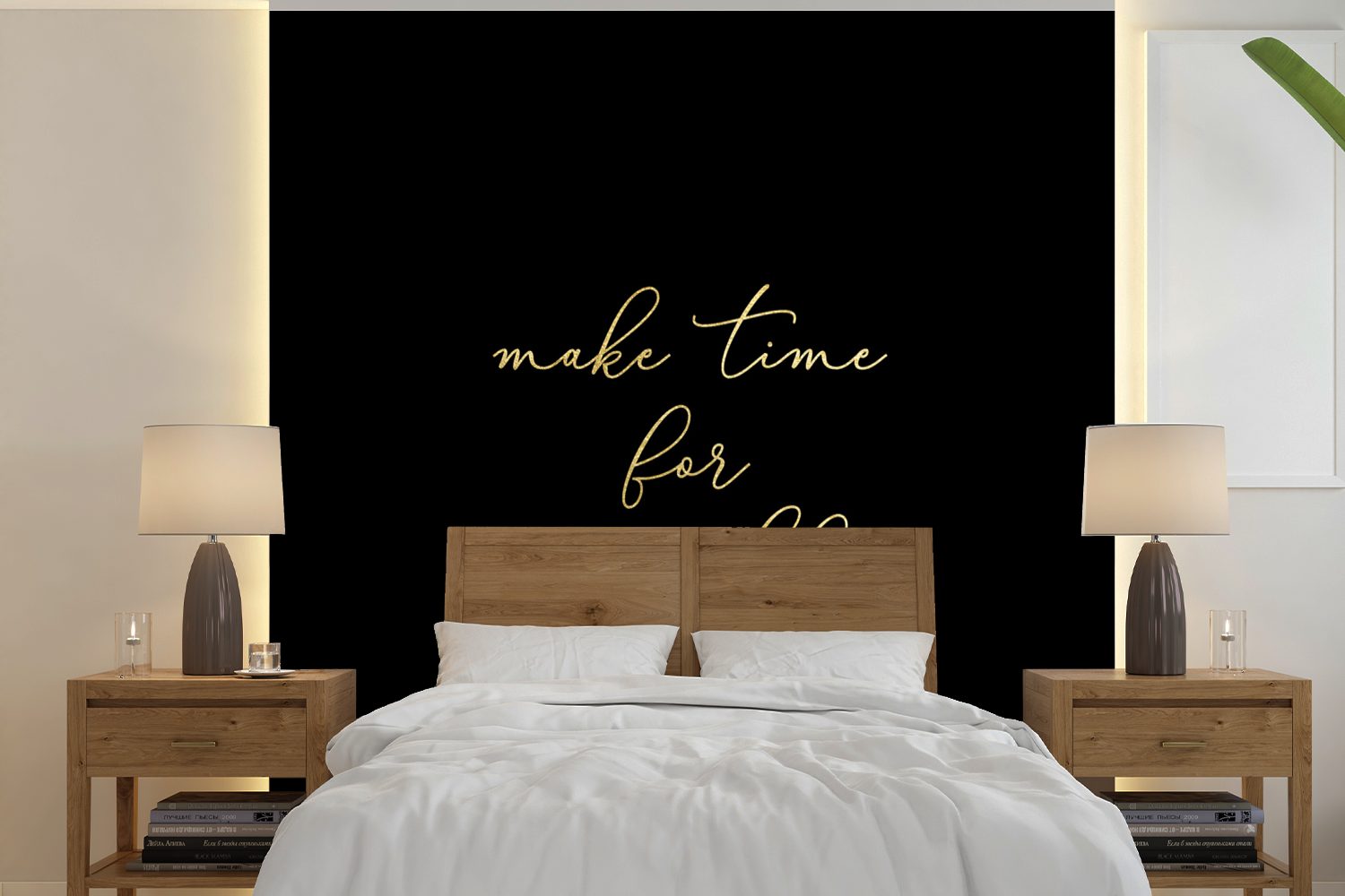 Schlafzimmer, Vinyl - Zitat oder bedruckt, - Matt, Selfcare Fototapete Tapete St), für (5 MuchoWow Wandtapete - Gold Schwarz, Wohnzimmer