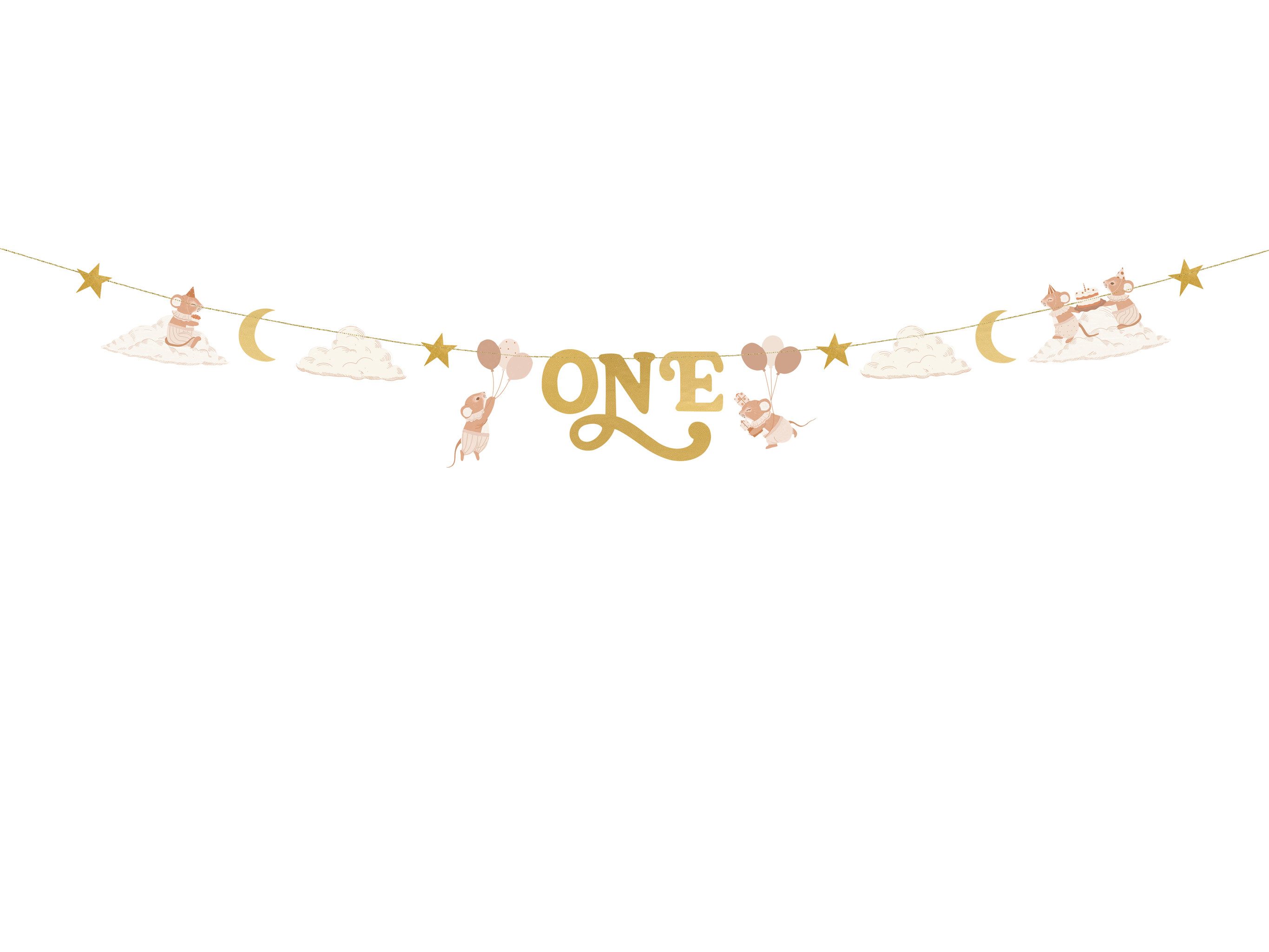partydeco Girlande, Papierbanner Girlande ONE mit Mäusen 300cm Beige / Gold