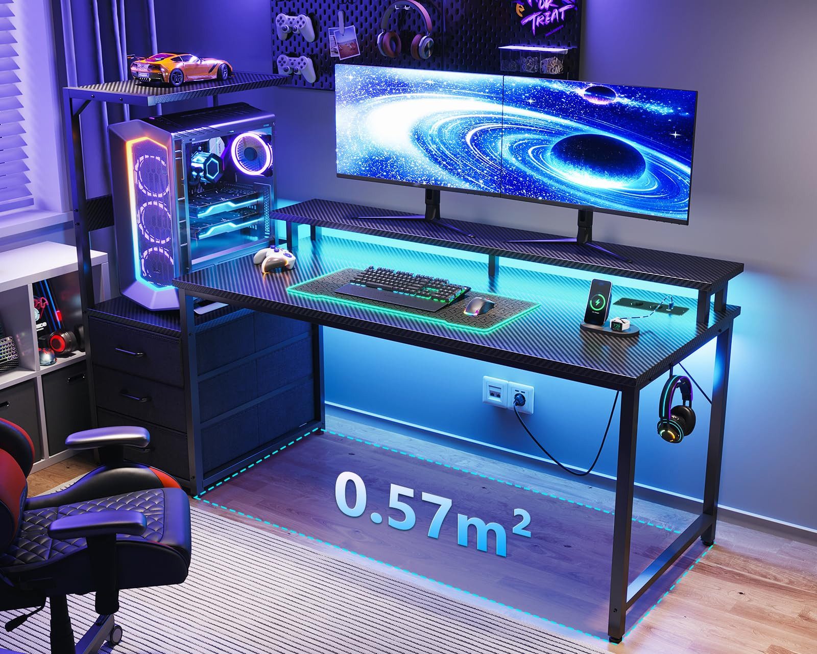 ODK Gamingtisch mit LED-Beleuchtung & Steckdosen, 151cm Carbonfaser-Schwarz (1-St), Computertisch mit 3 Schubladen, Monitorständer & USB-Anschlüssen