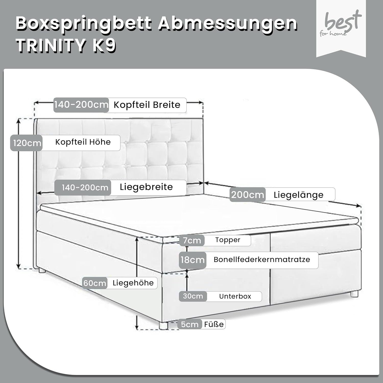 Best for Home Boxspringbett mit Bettkasten Trinity K-9 Bonellfederkern inkl. Komfort Topper H3 (140x200 160x200 180x200 200x200 cm), Handwerksqualität, TOP Preis-Leistungs-Verhältnis