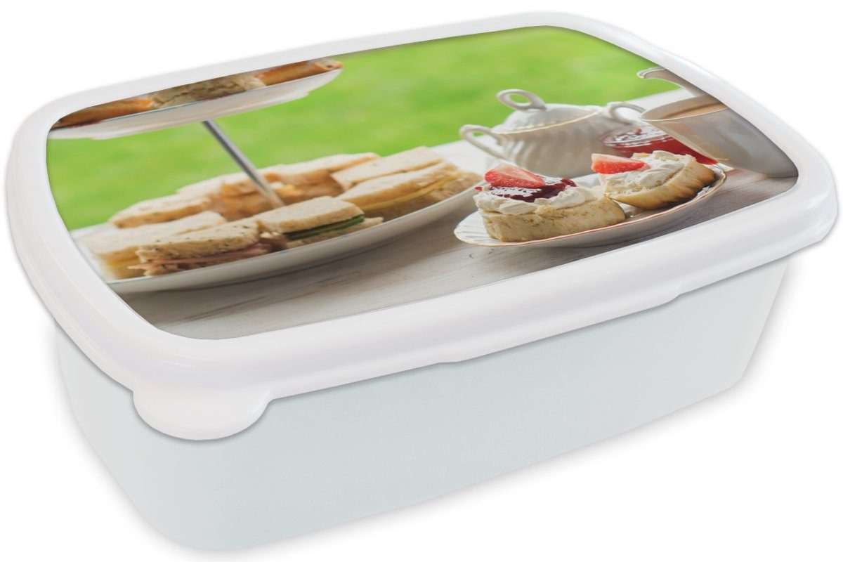 MuchoWow Lunchbox Tee - und Brotdose, Mädchen Jungs für für und (2-tlg), Erwachsene, Erdbeere, Kunststoff, Brotbox Kinder weiß Frühstück 