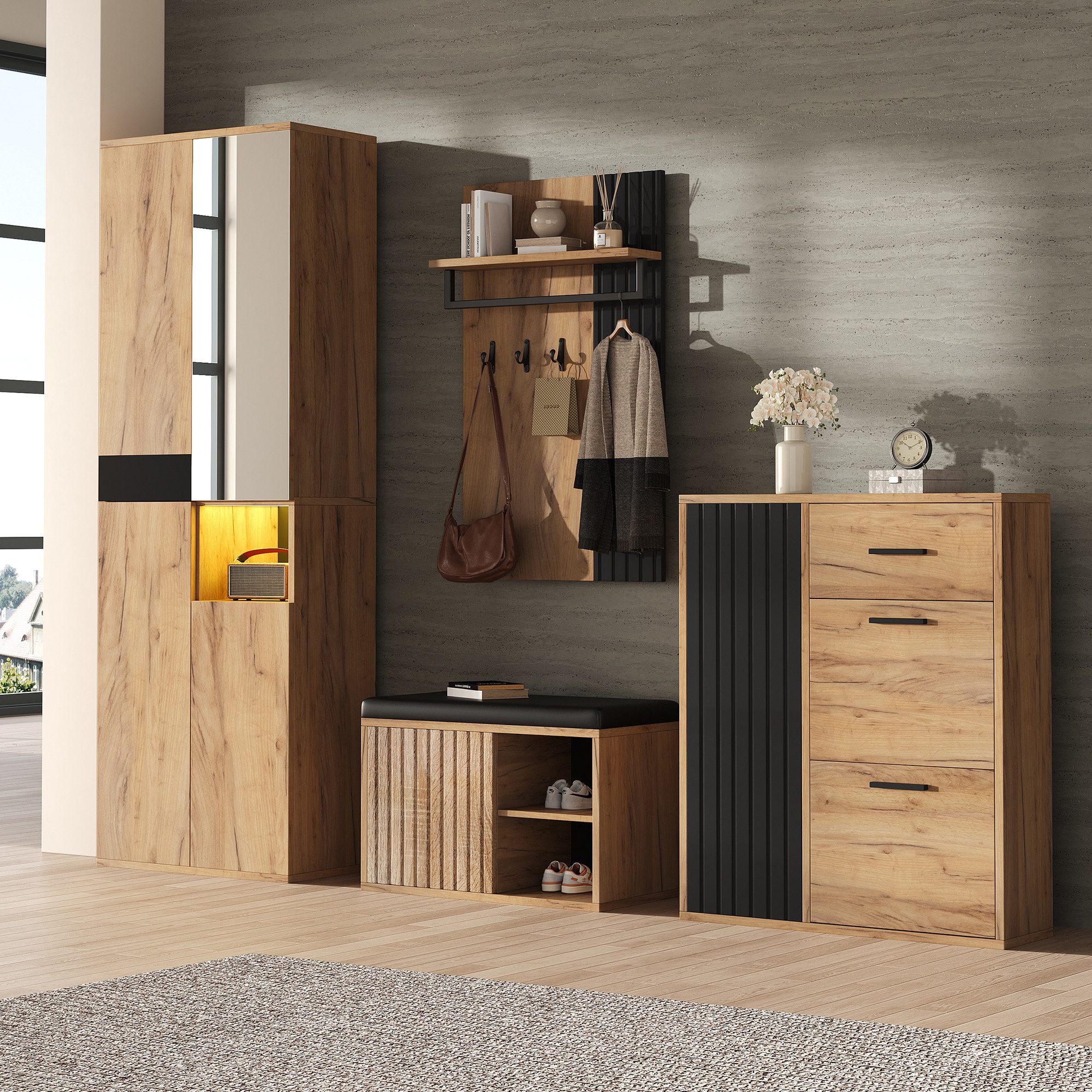 Merax Garderoben-Set 4-teilig Garderobenset, (1-St., Kleiderschrank, Schuhschrank, Schuhbank & Wandgarderobe), Flurmöbel, 215×36×190 cm