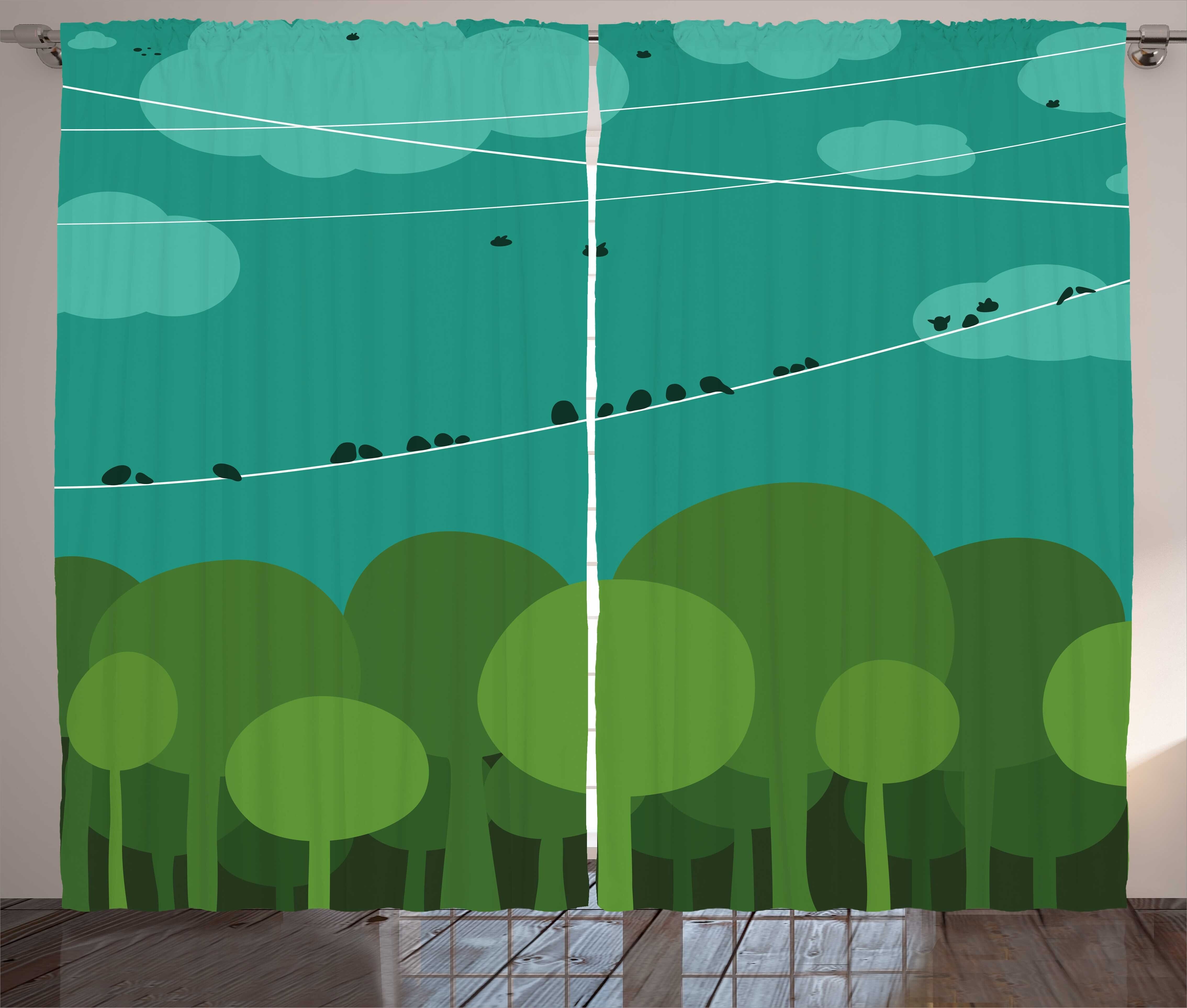Gardine Schlafzimmer Kräuselband Vorhang mit Schlaufen und Haken, Abakuhaus, Vogel auf dem Drahtseil Cartoon Waldbäume